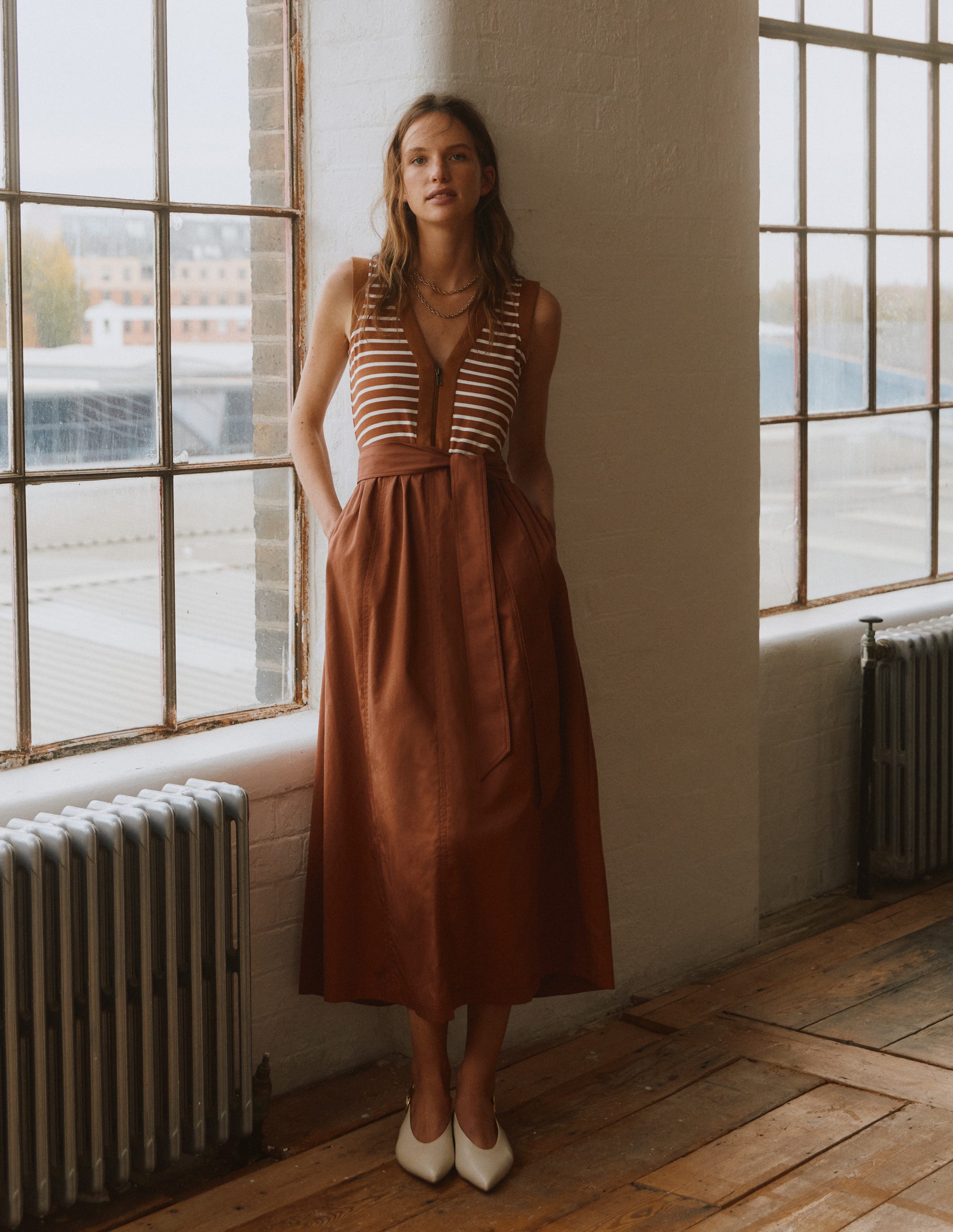Zip-front Mix Media Dress-Ginger and Ivory Stripe | Boden UK