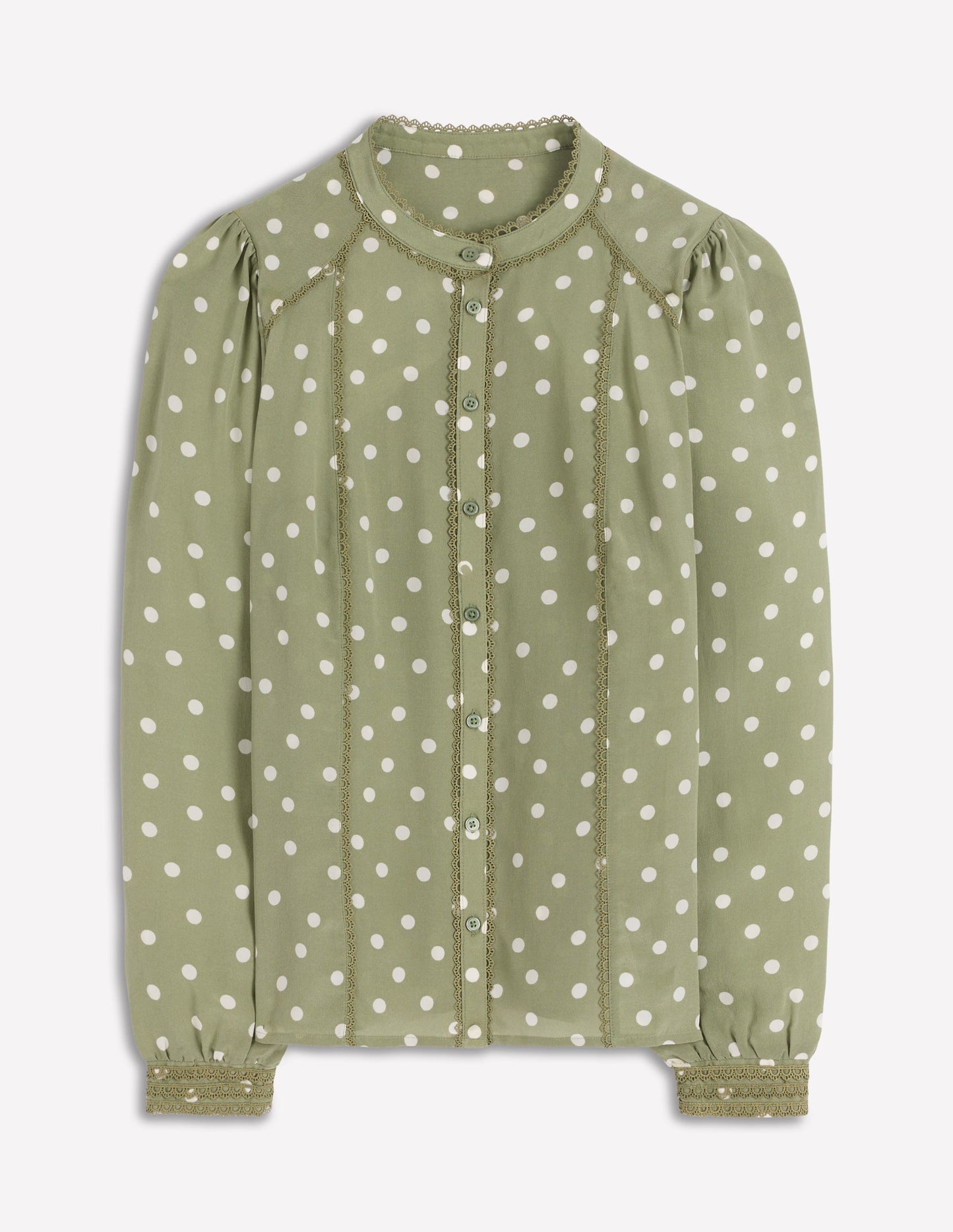 Rhea Trim Detail Silk Top-Larch Green, Painted Dot
