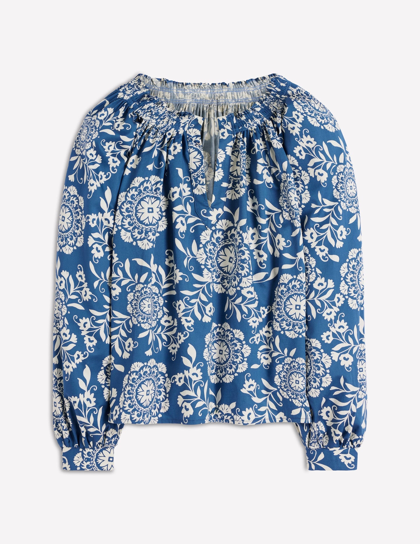 Serena Pleat Neck Top-Dark Blue, Decorative Blossom