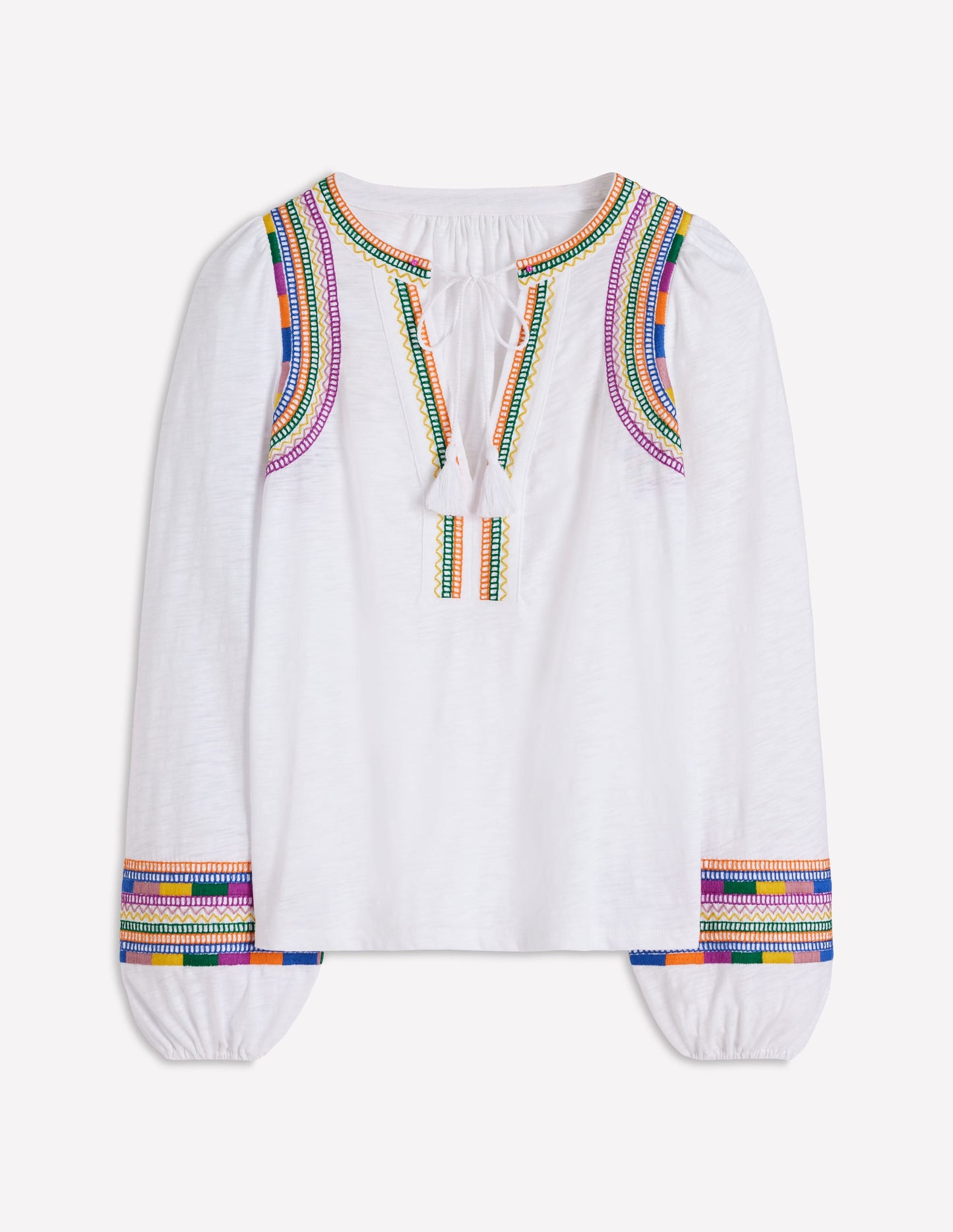 Notch Neck Embroidered Top-White Multi Embroidery