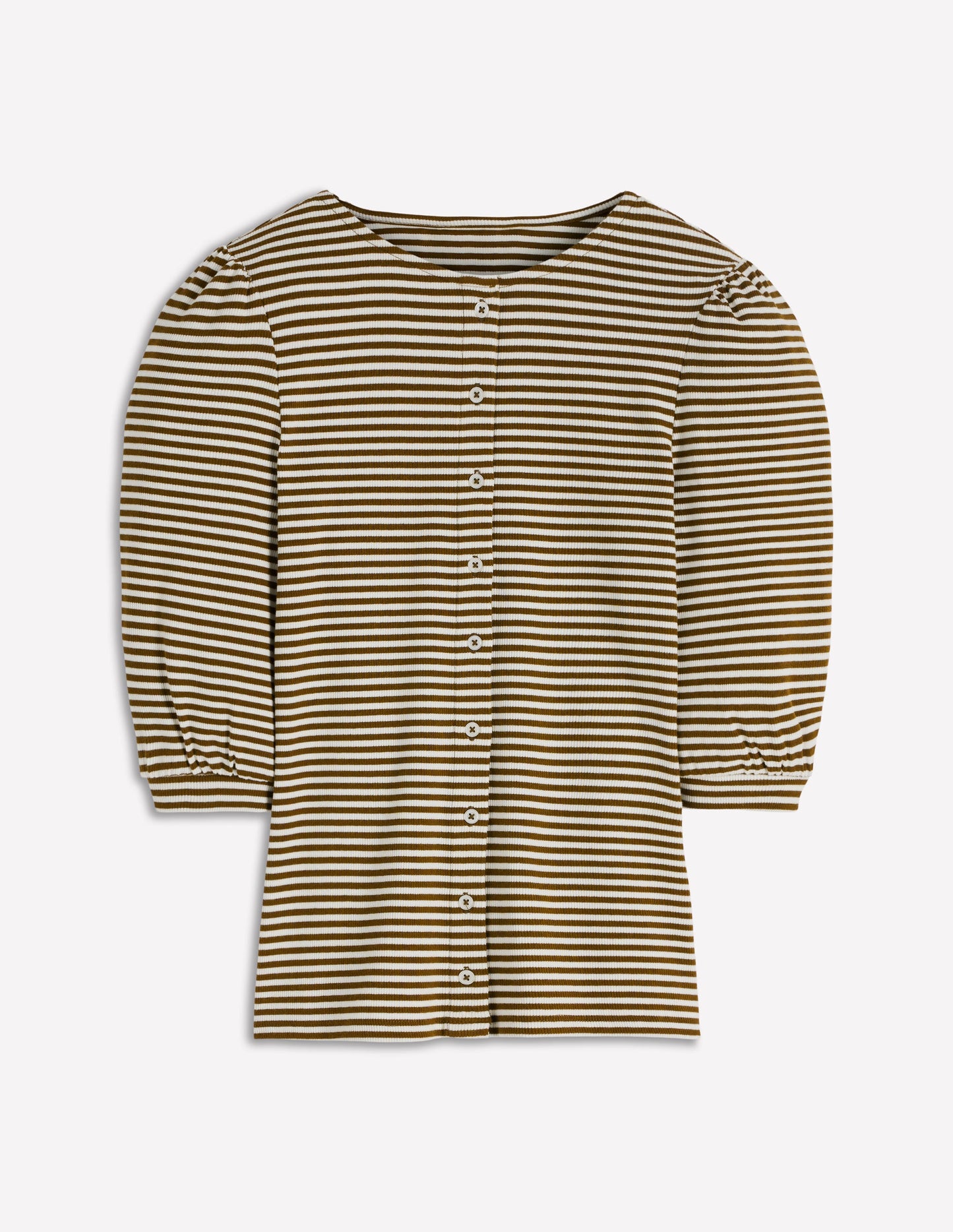 Evie Ribbed Puff Sleeve Top-Potting Soil, Ivory Stripe
