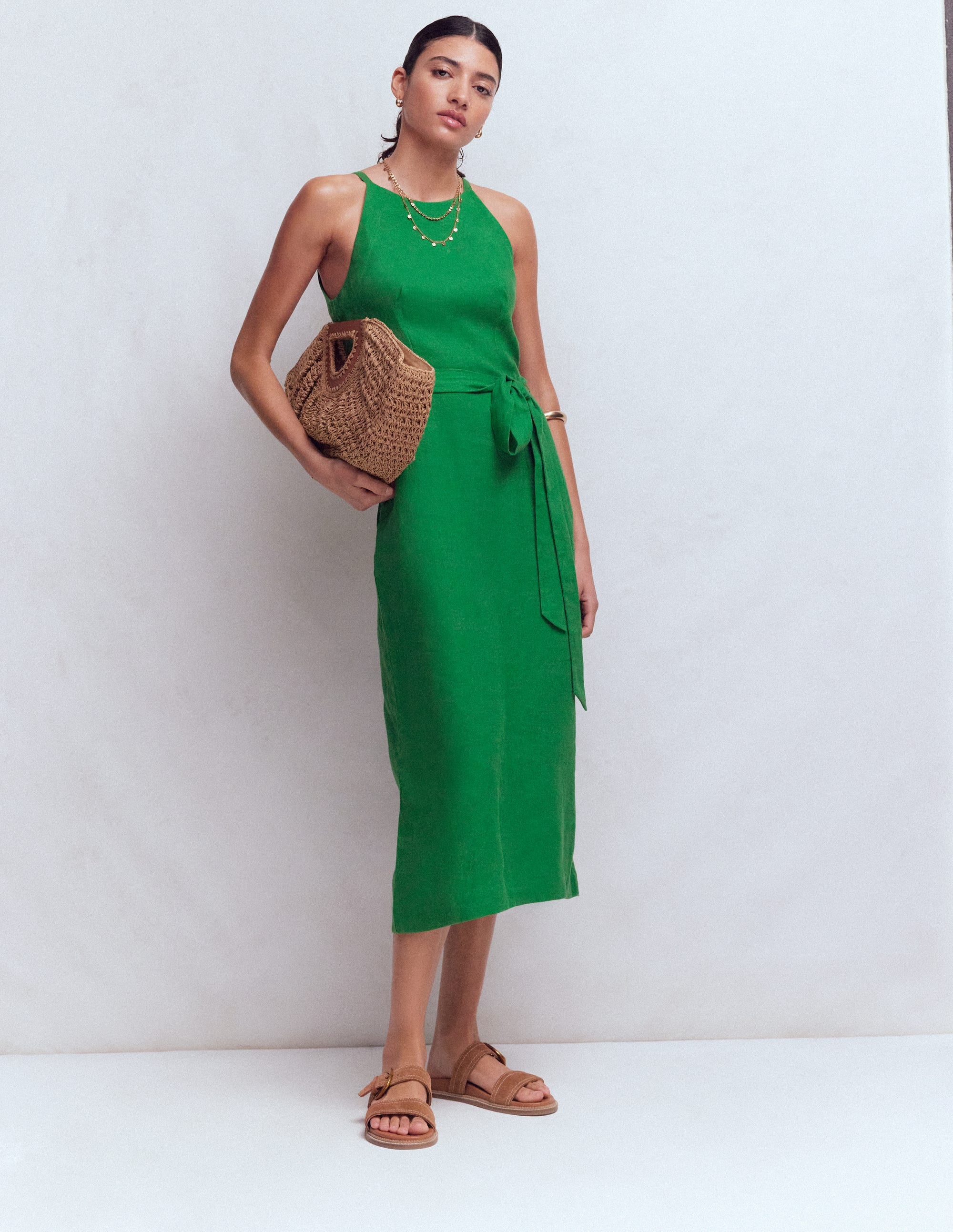 knee length dresses for ladies Collar Halter Neck Linen Dress-Pomegranate