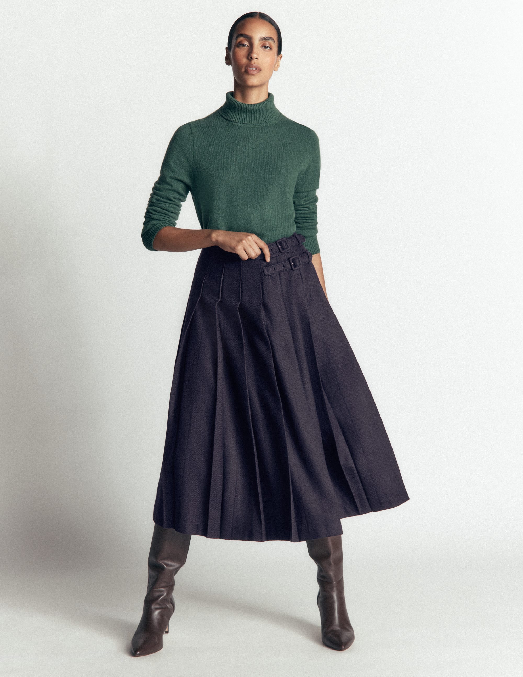 Pleated Midi Kilt Navy Herringbone - 15% off w/code