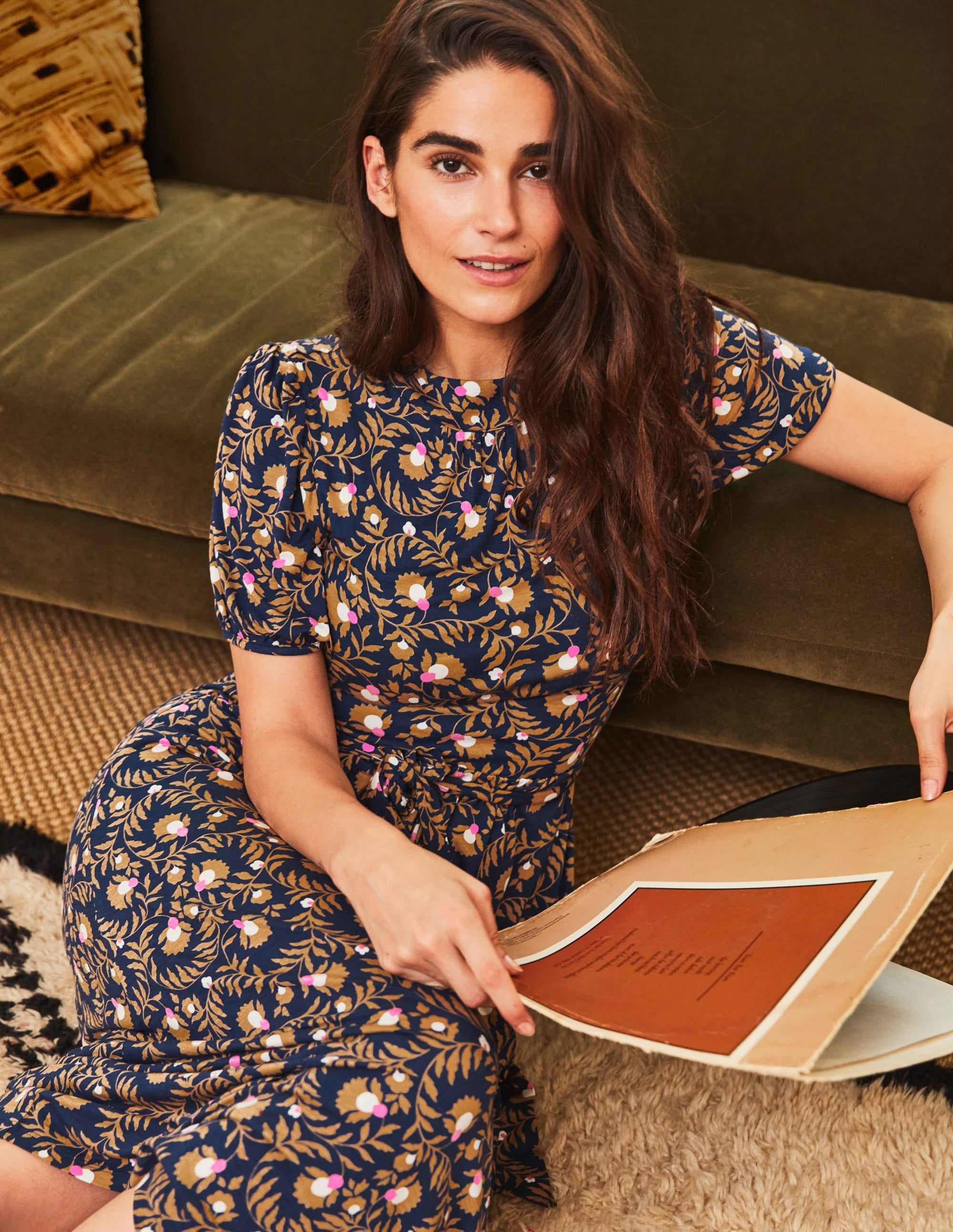Flora Jersey Puff Sleeve Dress-Navy, Wild Bramble - Image 7