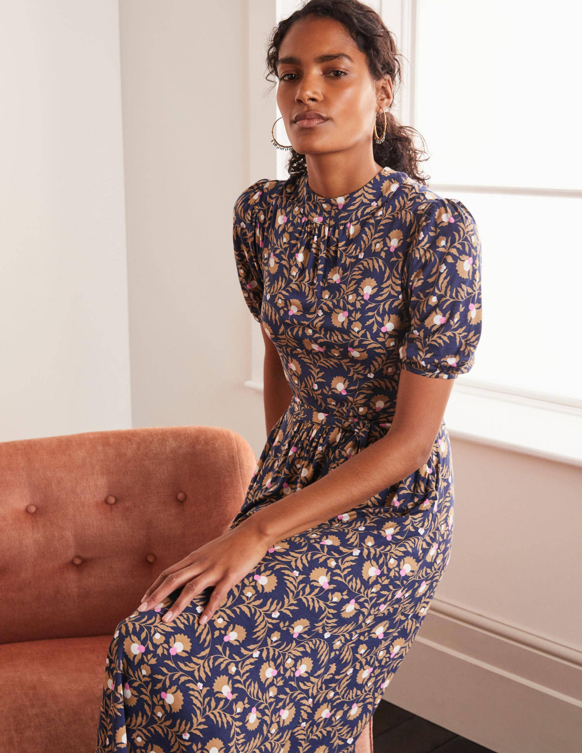 Flora Jersey Puff Sleeve Dress-Navy, Wild Bramble - Image 2