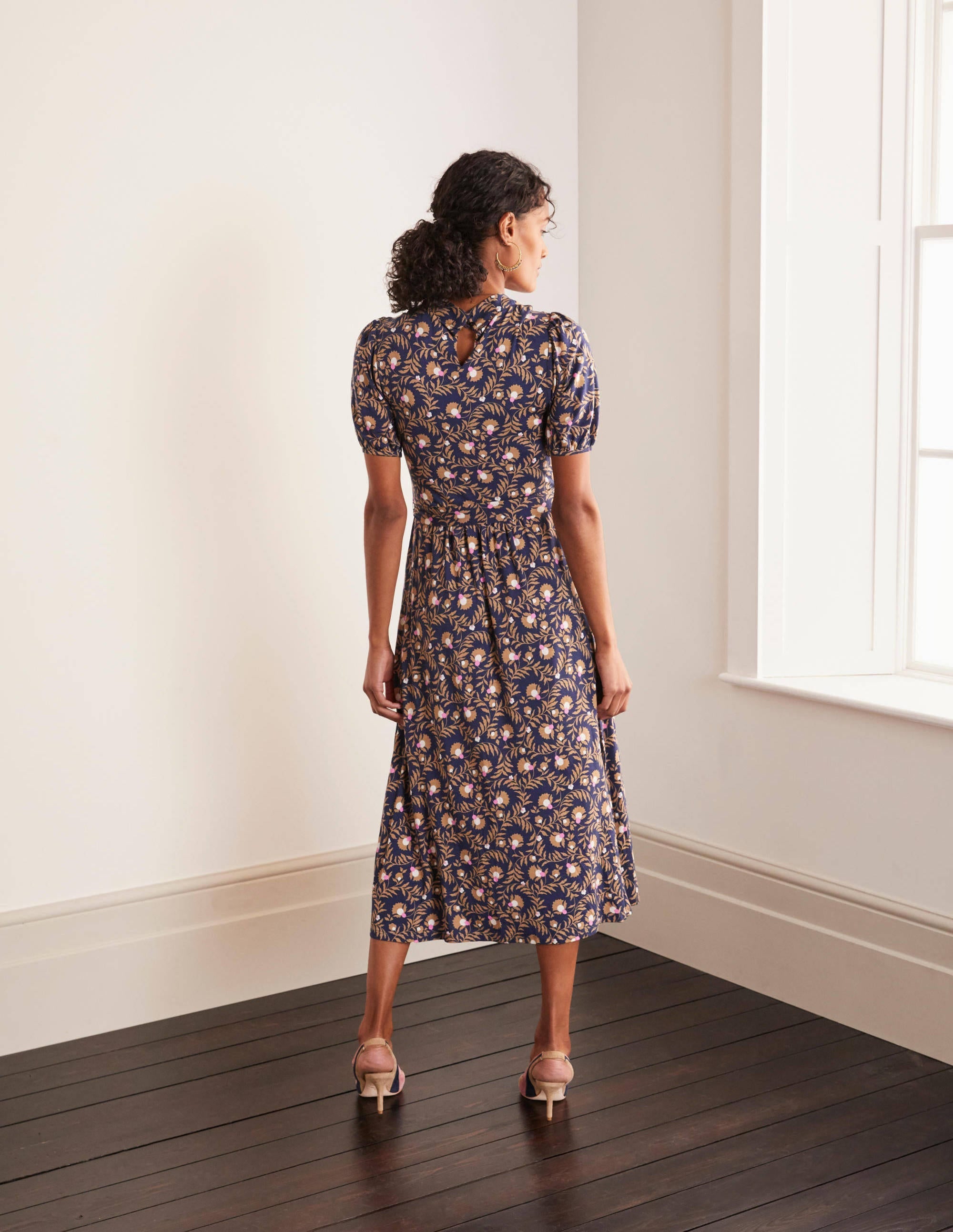 Flora Jersey Puff Sleeve Dress-Navy, Wild Bramble - Image 3
