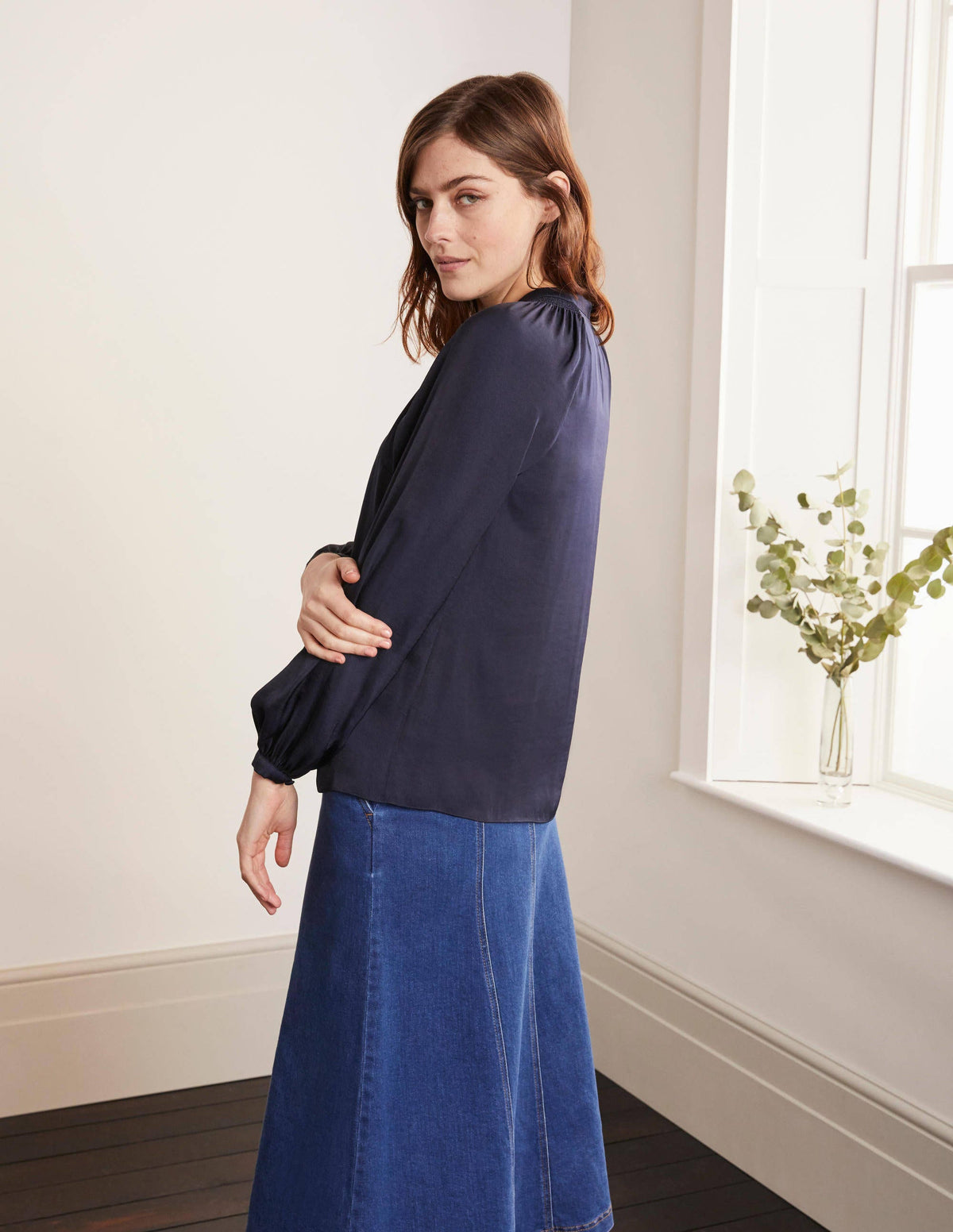 Kitty Smocked Neck Blouse-Navy - Image 2