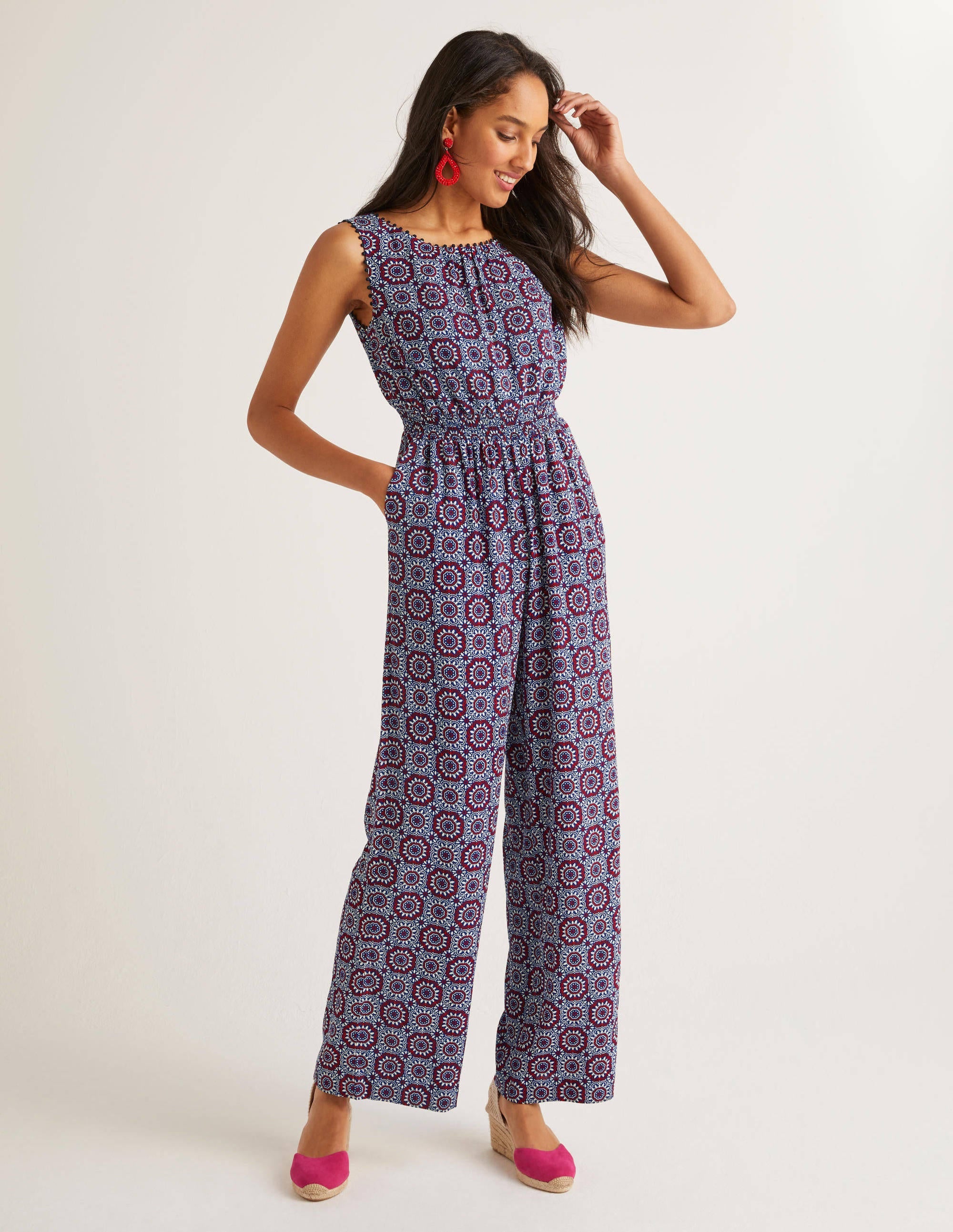 Elisa Pompom Trim Jumpsuit-Bold Blue, Sun Tile - Image 3