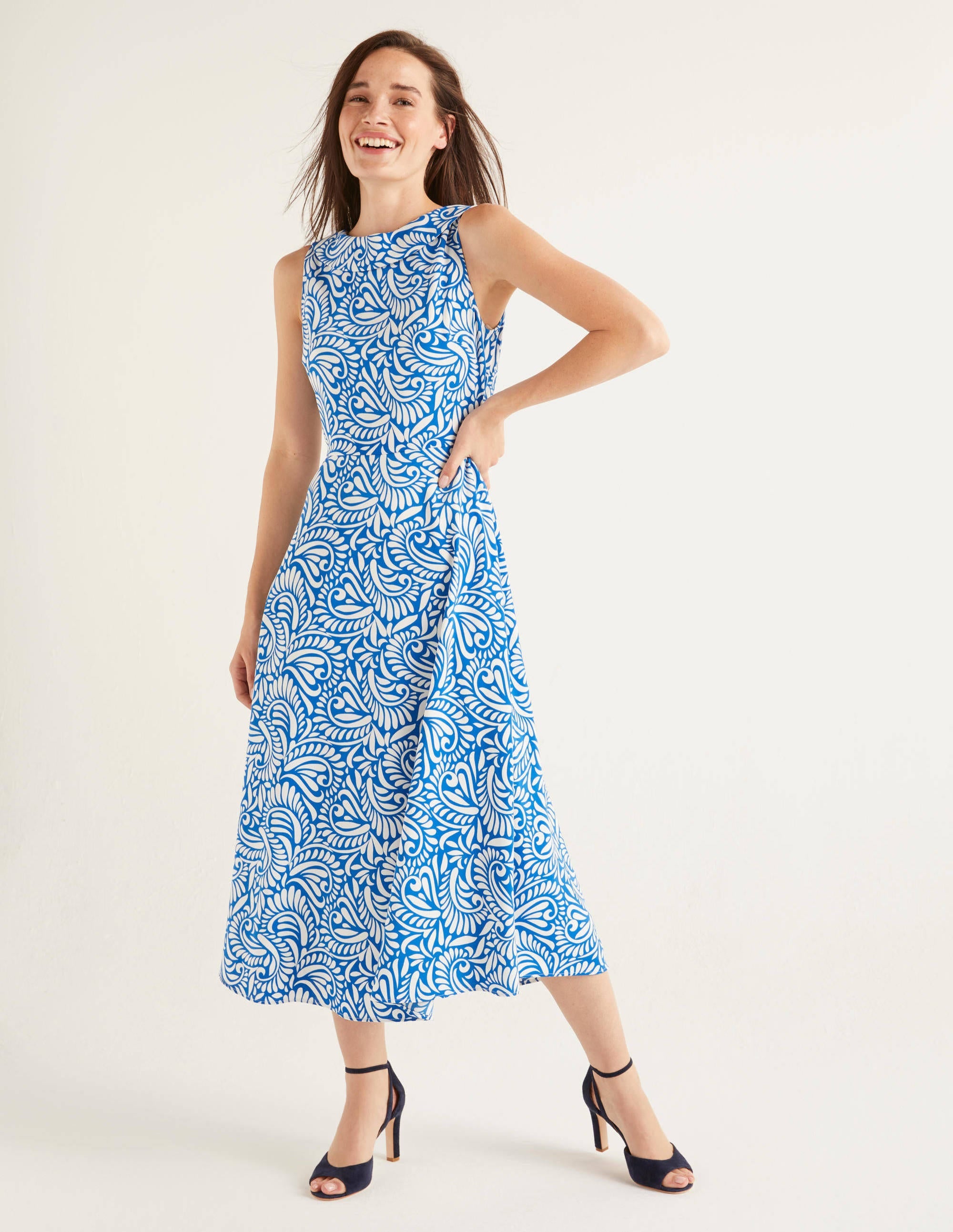 Clarissa Midi Dress-Bold Blue, Fern Swirl - Image 4