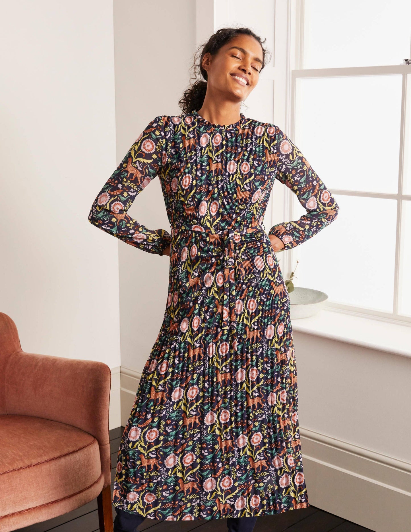 Nell Pleated Dress-Navy, Magical Garden Multi