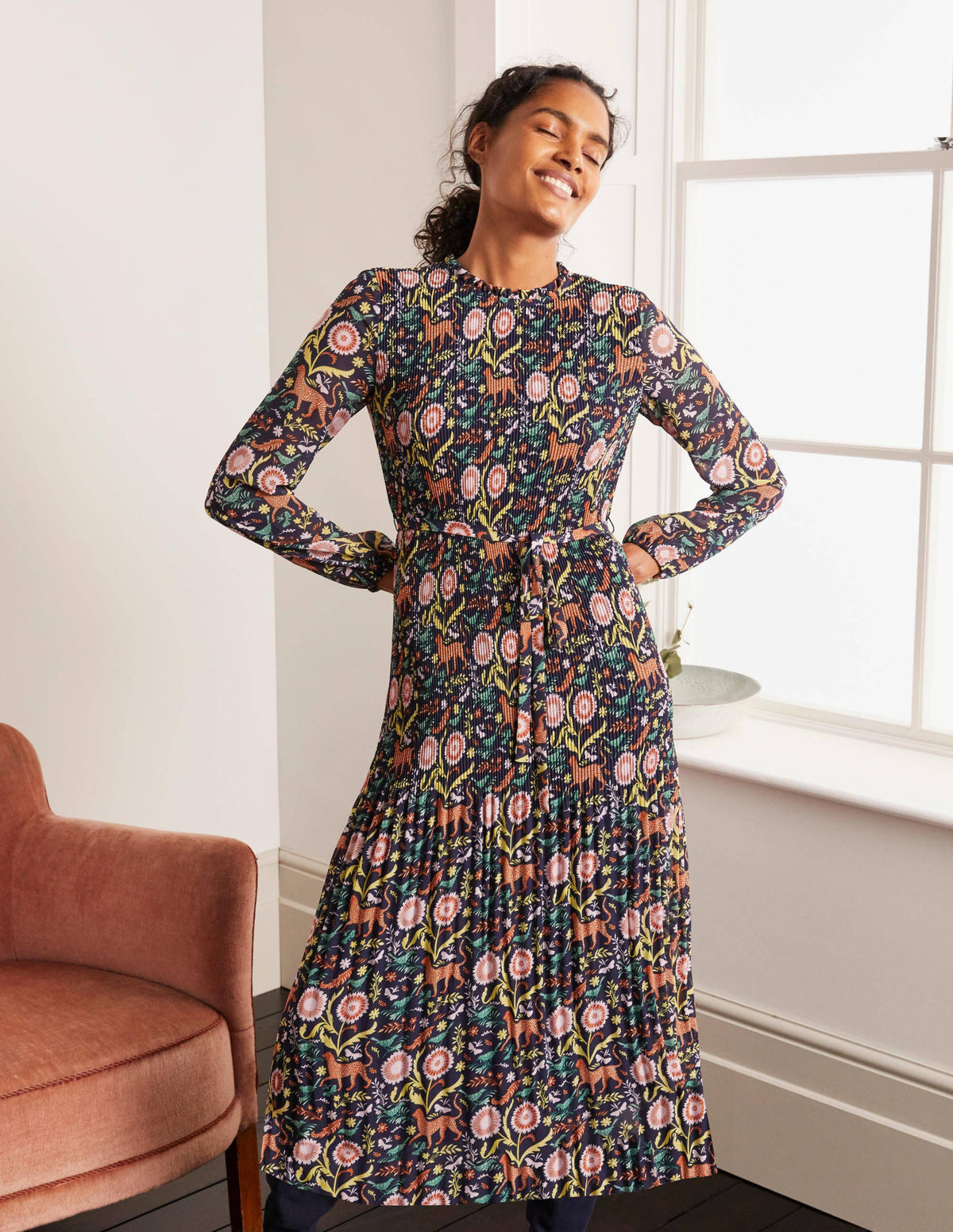 Nell Pleated Dress-Navy, Magical Garden Multi - Image 4