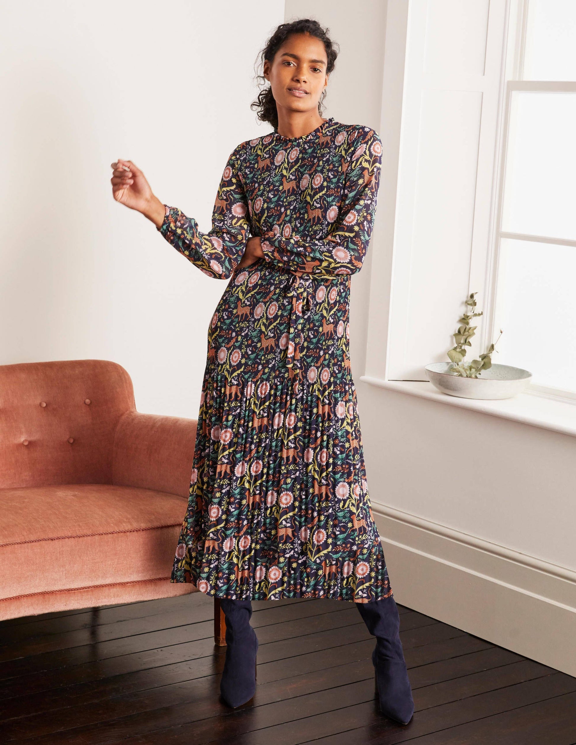 Nell Pleated Dress-Navy, Magical Garden Multi-1