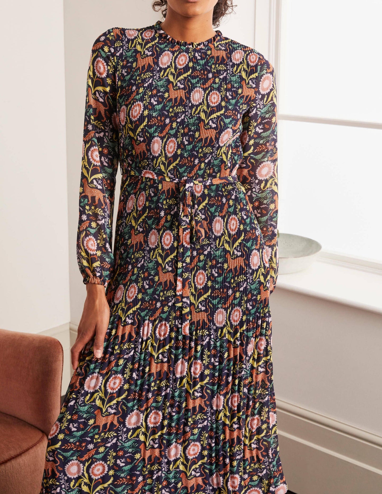 Nell Pleated Dress-Navy, Magical Garden Multi