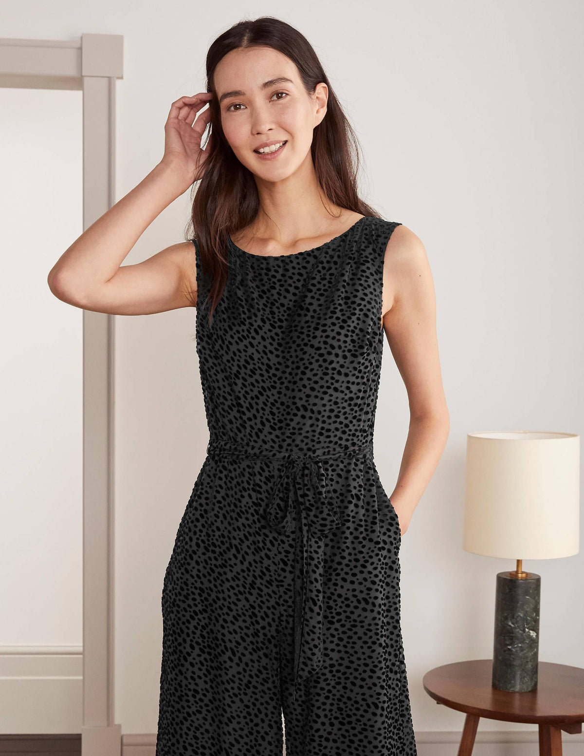 Devore Palazzo Jumpsuit-Black, Dalmatian Spot-1