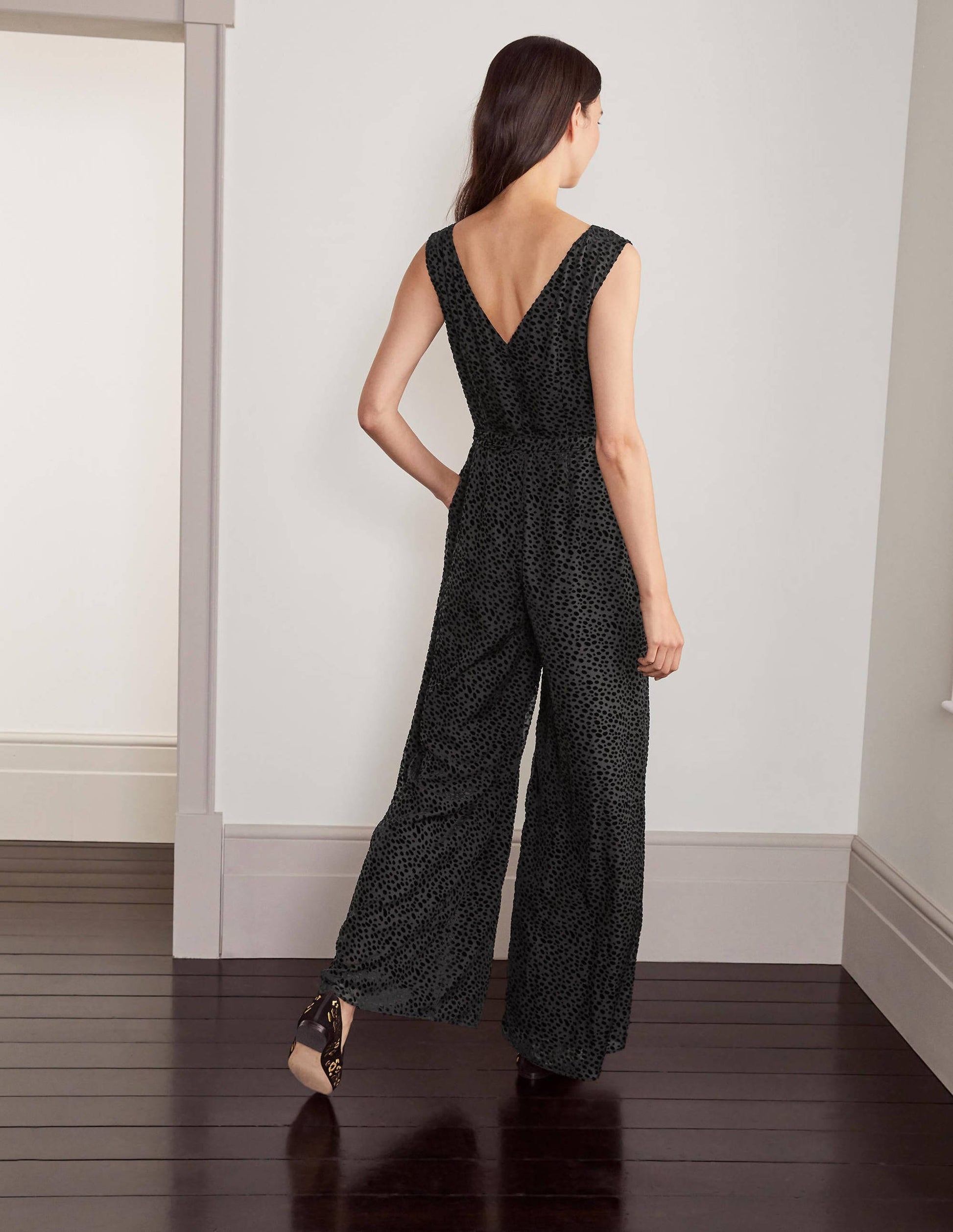 Devore Palazzo Jumpsuit-Black, Dalmatian Spot-2
