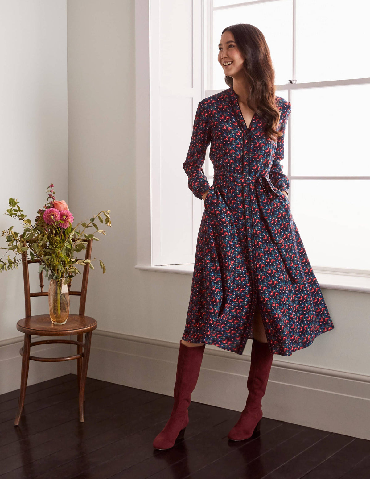 Pippa Midi Shirt Dress-French Navy, Spinning Petals - Image 1