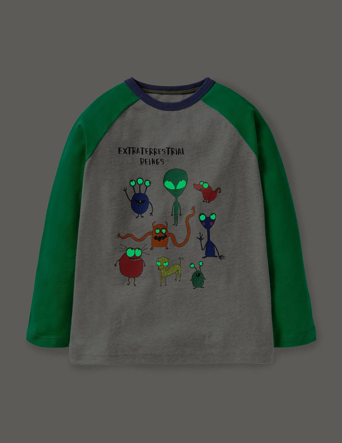 Glowing Space Raglan T-shirt-Grey Marl/Green Aliens-4