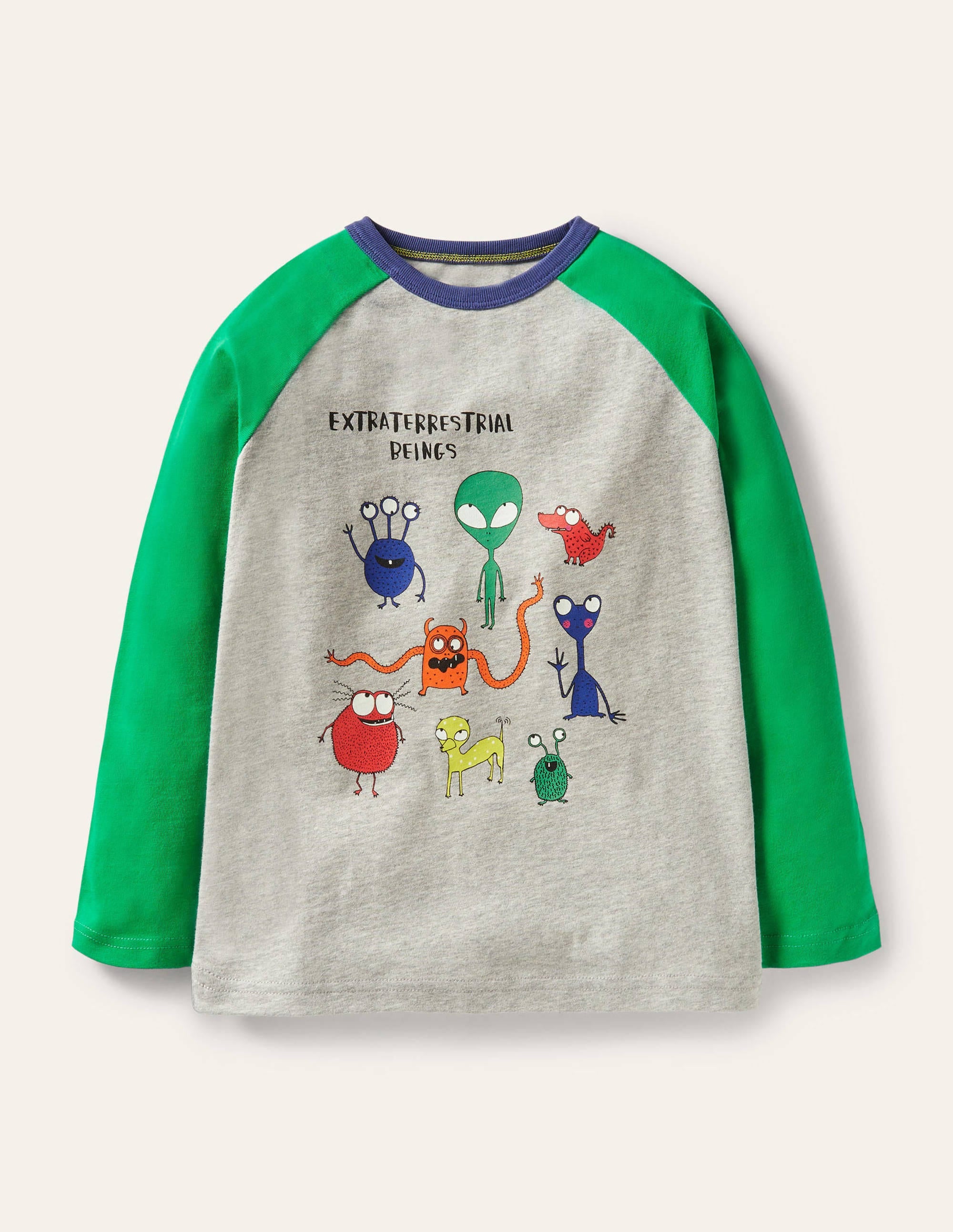 Glowing Space Raglan T-shirt-Grey Marl/Green Aliens - Image 1