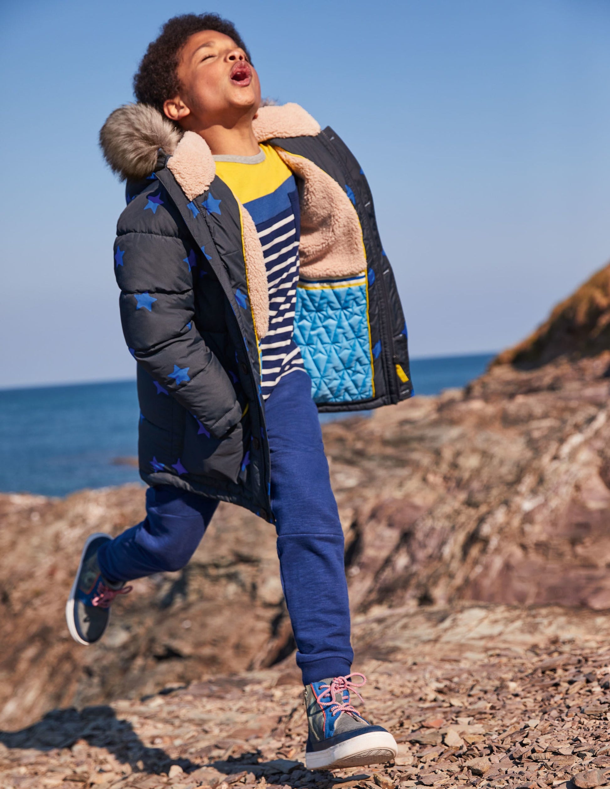 Longline Padded Jacket-Soot Grey/Brilliant Blue Star-4