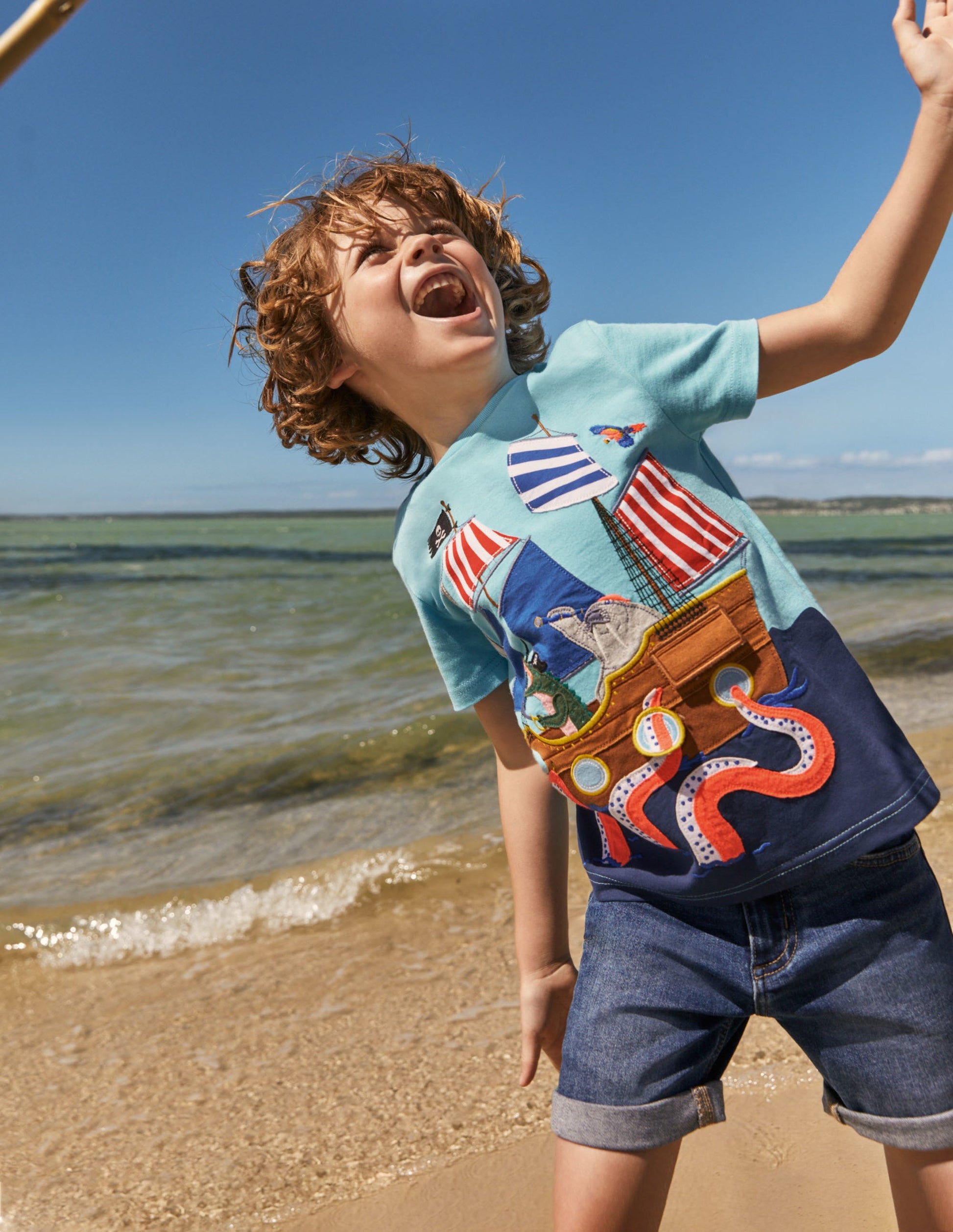 Lift-the-flap Beach T-shirt-Aqua Blue Pirate Ship-4