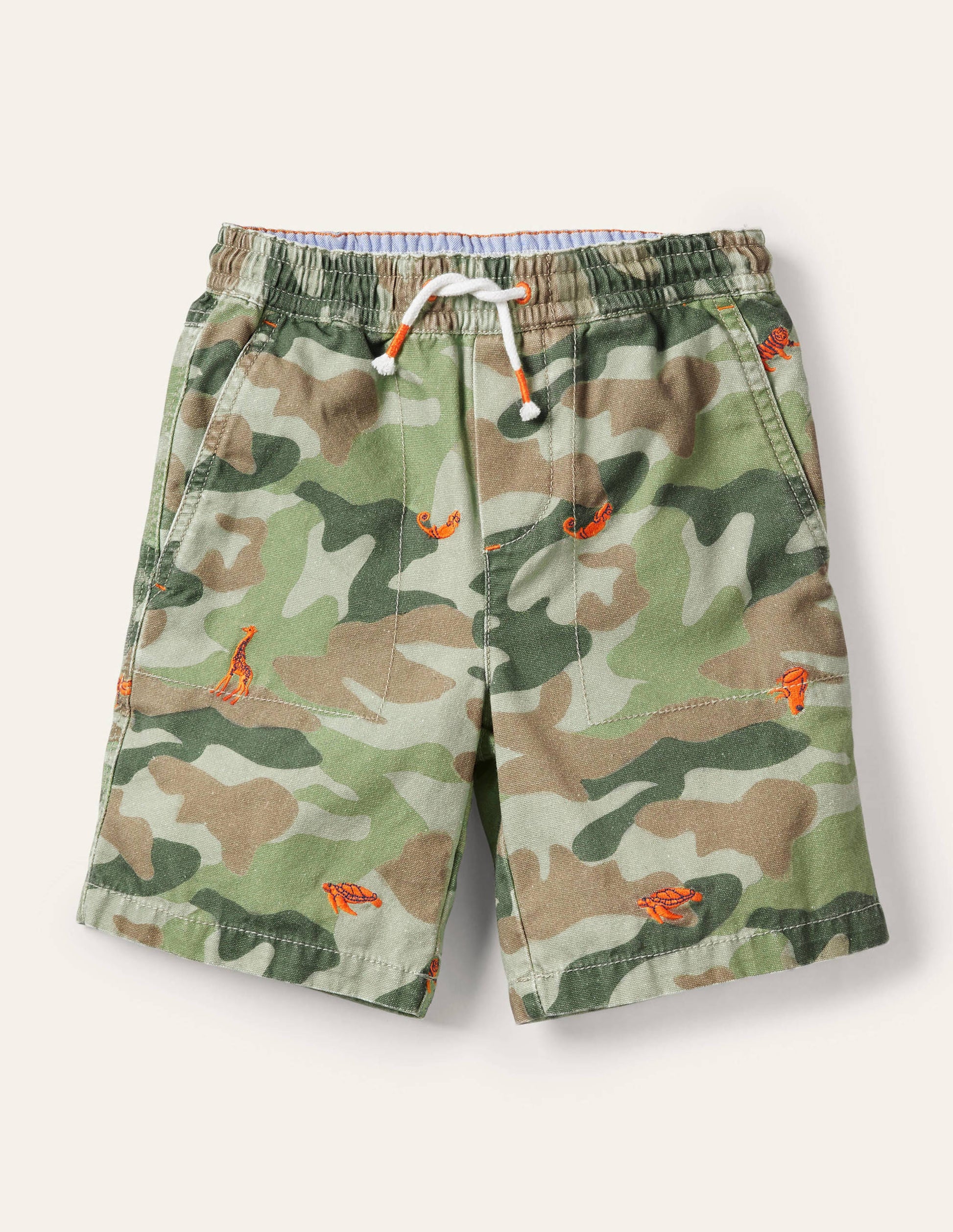 Pull-on Drawstring Shorts-Green Camouflage Animals-1
