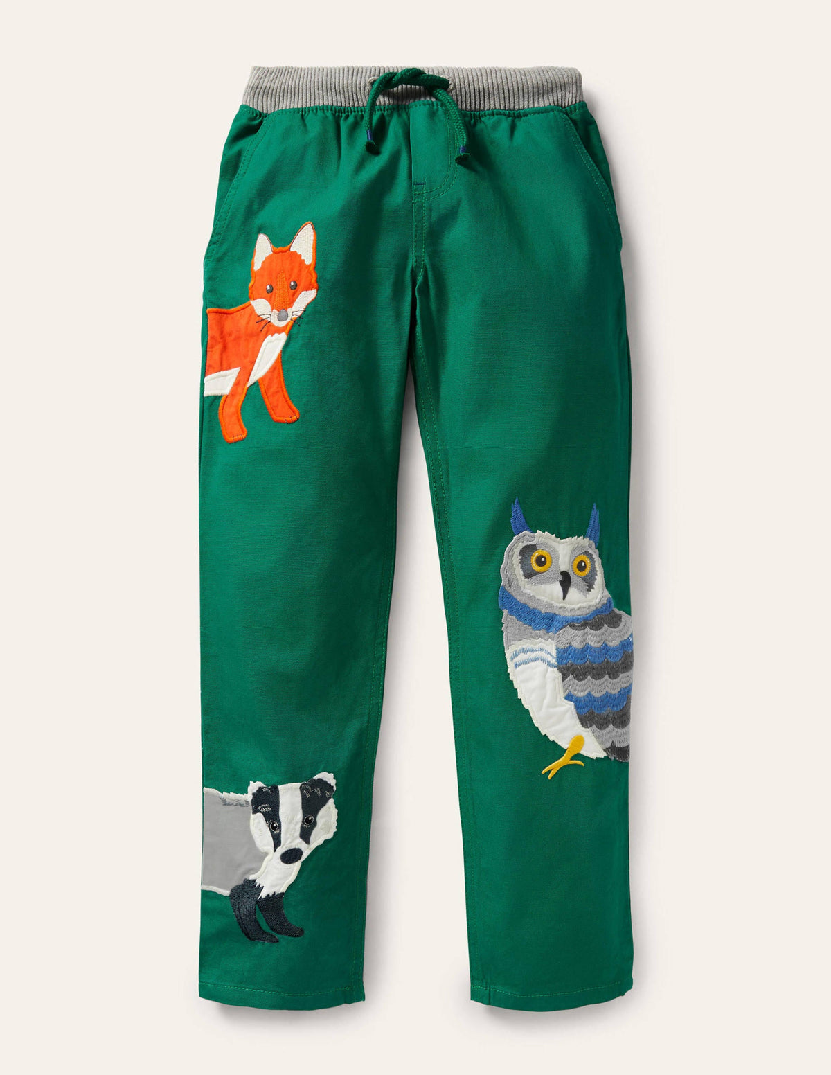 Appliqué Pull-on Trousers-Forest Green Woodland - Image 1