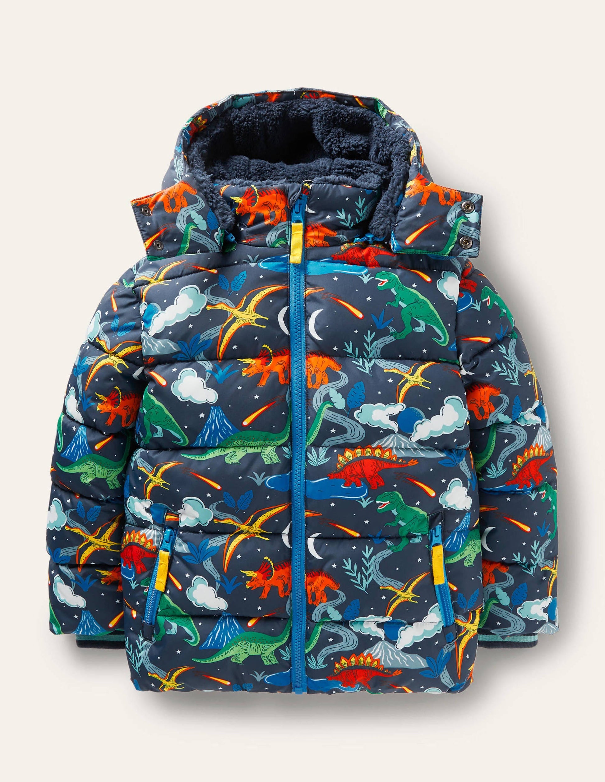 Shower-Resistant Padded Jacket-Soot Grey Dinosaurs-1
