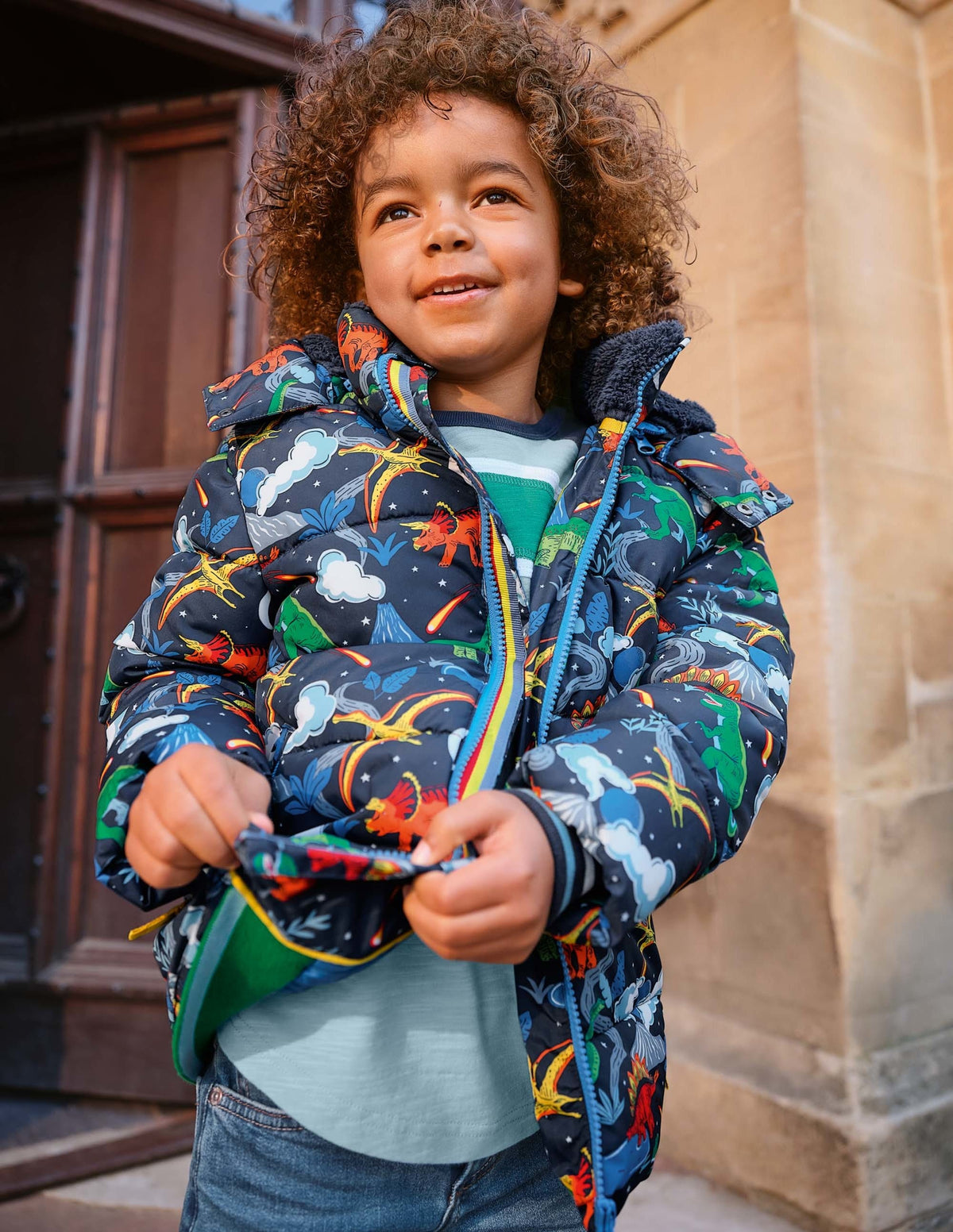 Shower-Resistant Padded Jacket-Soot Grey Dinosaurs - Image 4