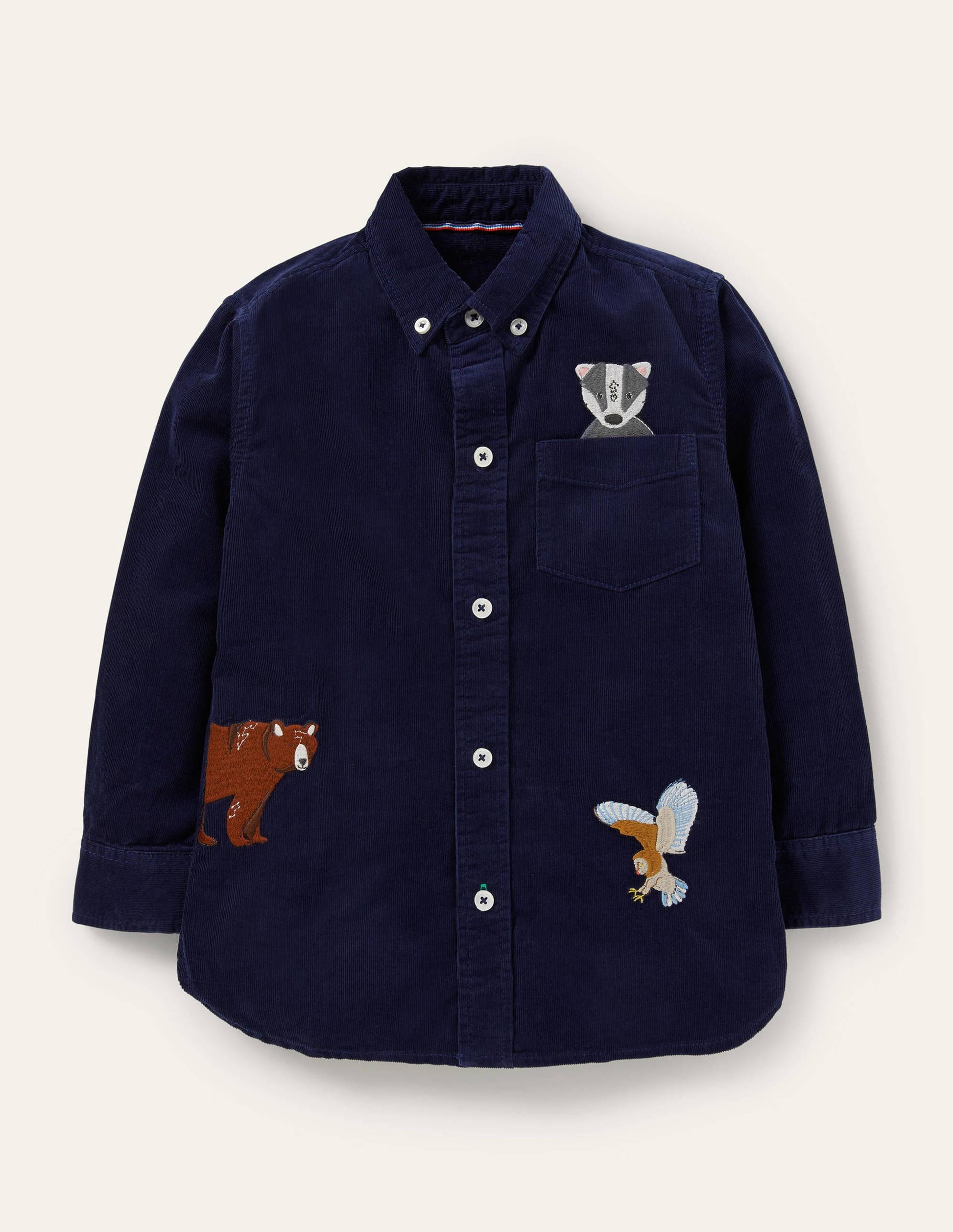 Embroidered Cord Shirt-College Navy Animals-1