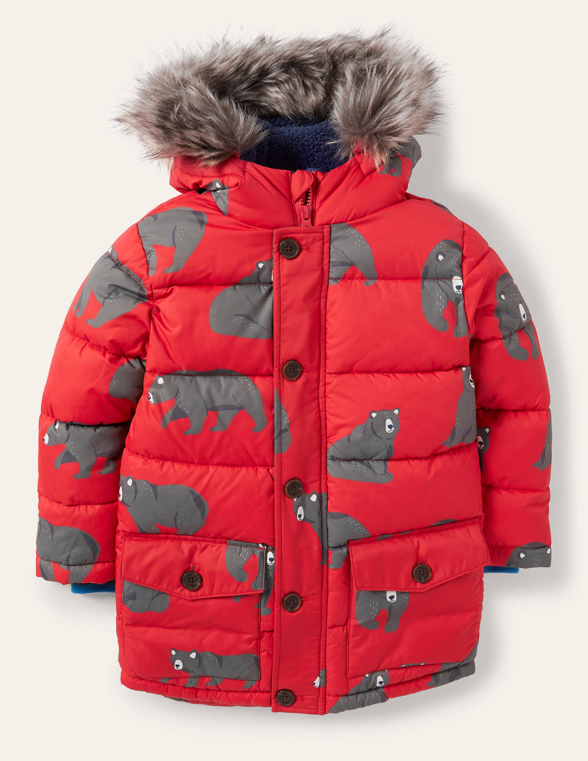 Longline Padded Jacket-Rockabilly Red Bears - Image 1