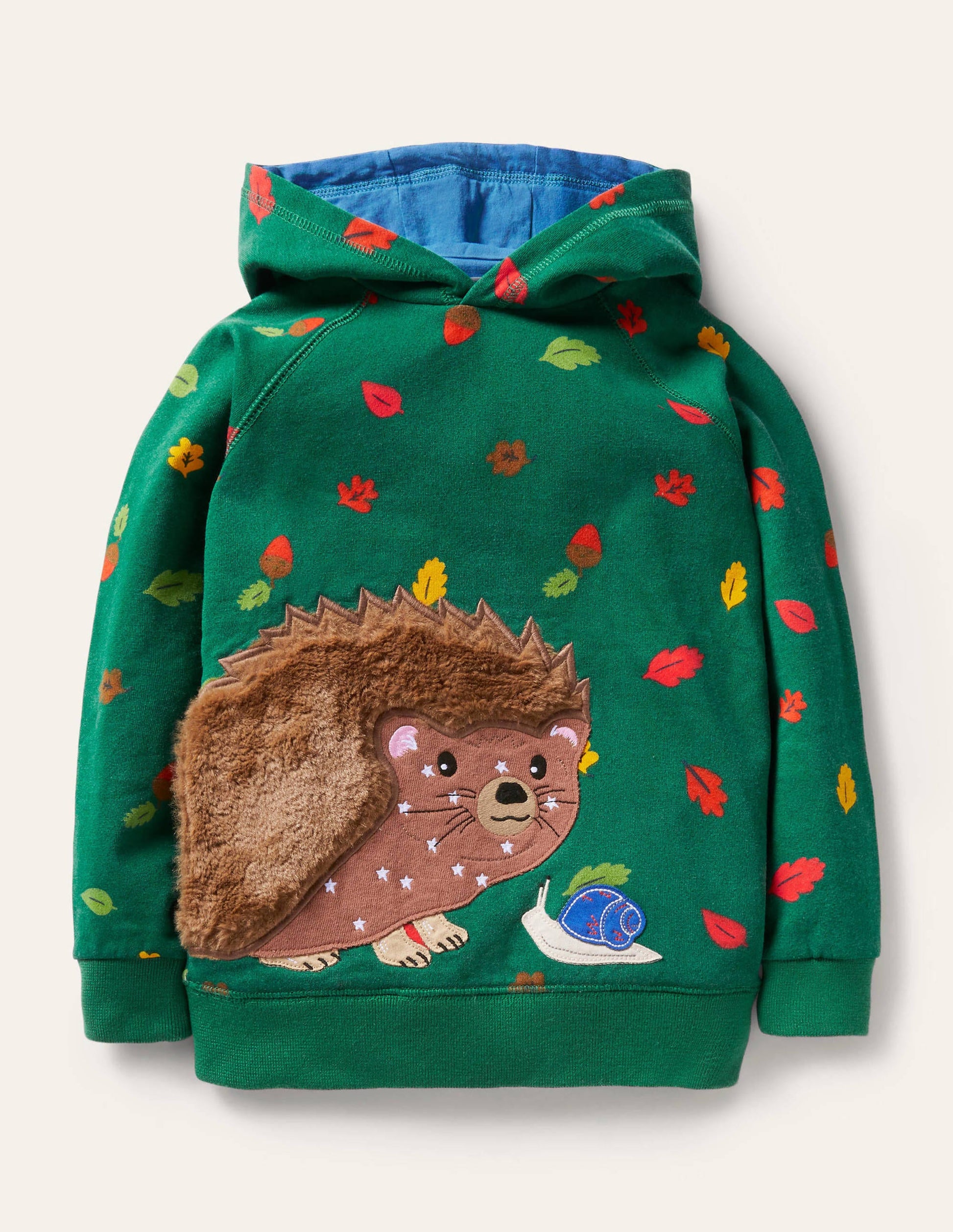 Patchwork Appliqué Hoodie-Forest Green Hedgehog-1