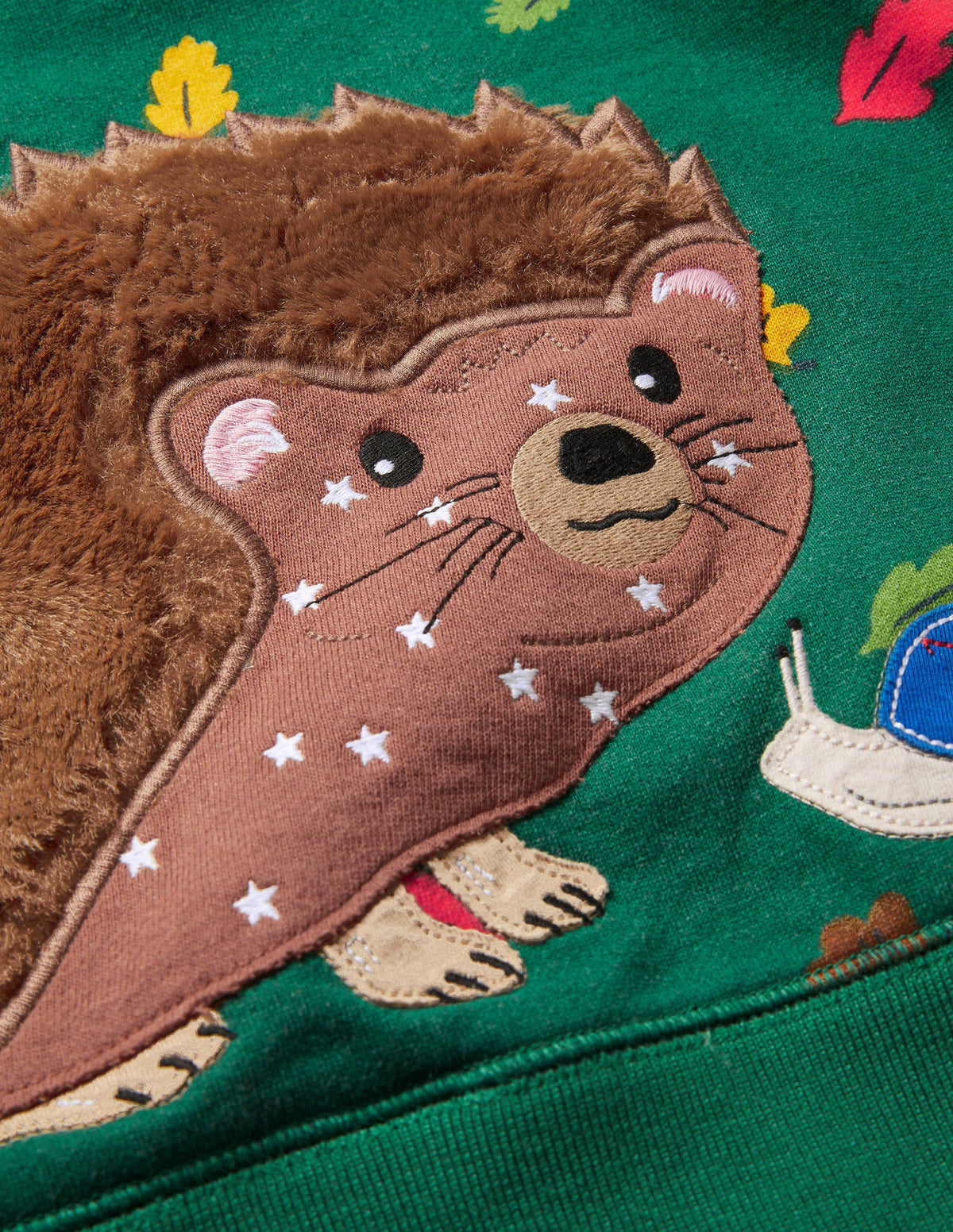 Patchwork Appliqué Hoodie-Forest Green Hedgehog - Image 3