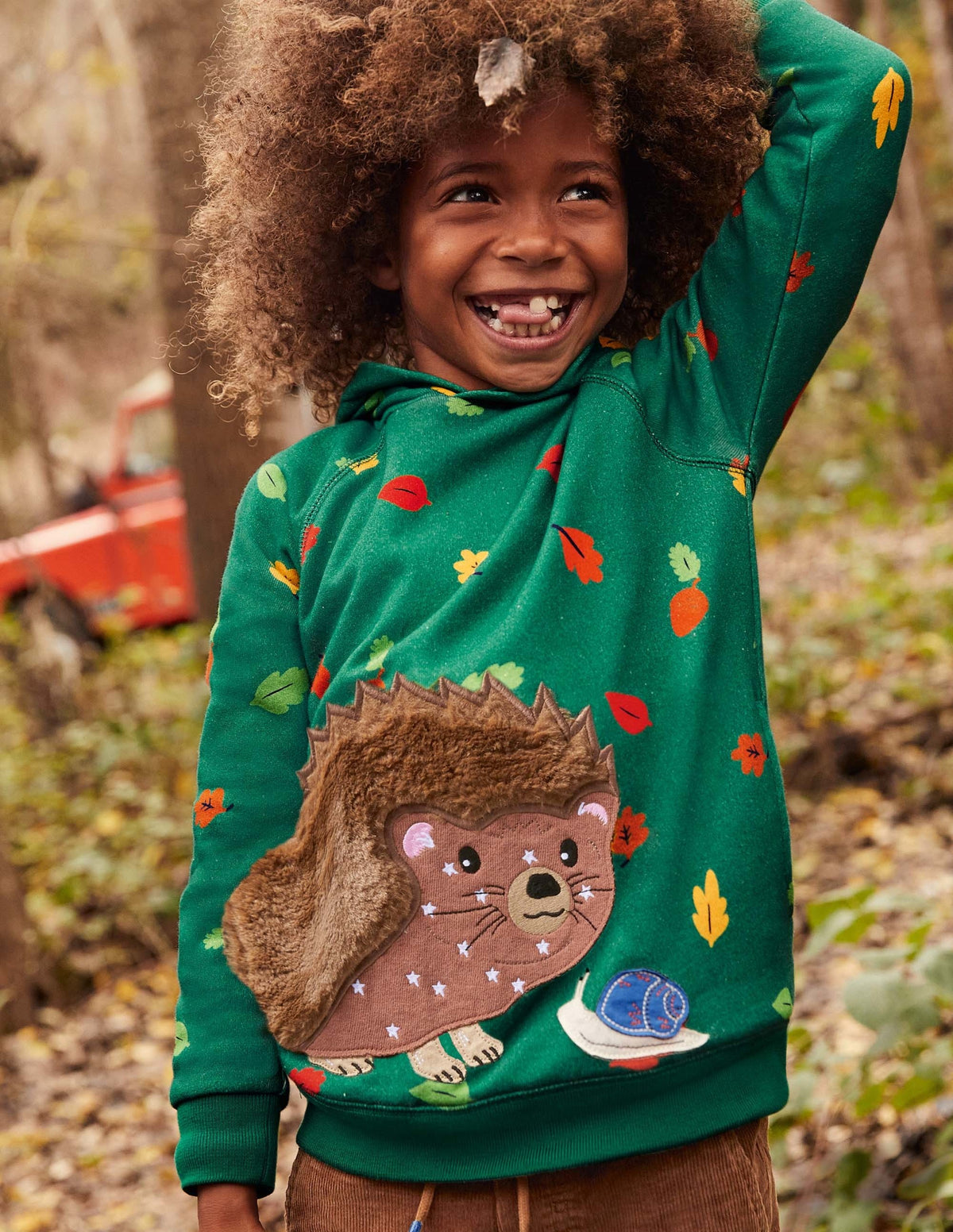 Patchwork Appliqué Hoodie-Forest Green Hedgehog-4