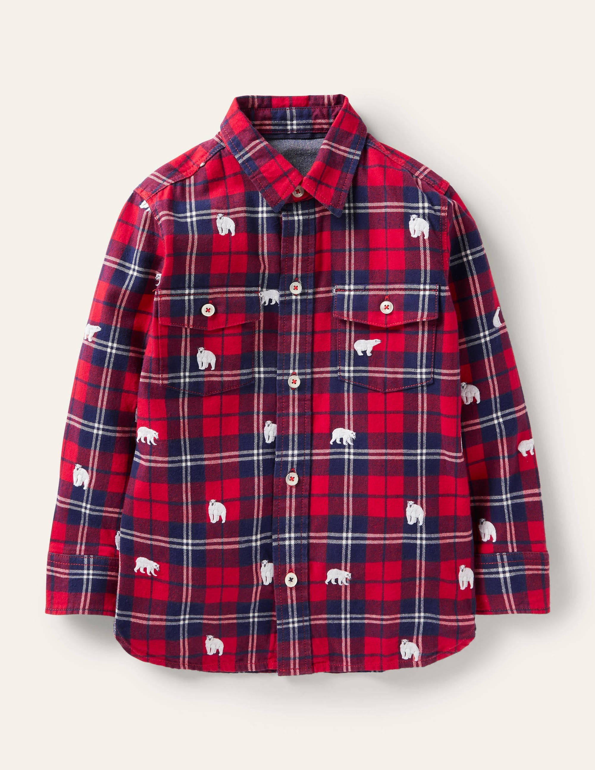 Cosy Embroidered Check Shirt-Rockabilly Red/Navy Polar Bear - Image 1
