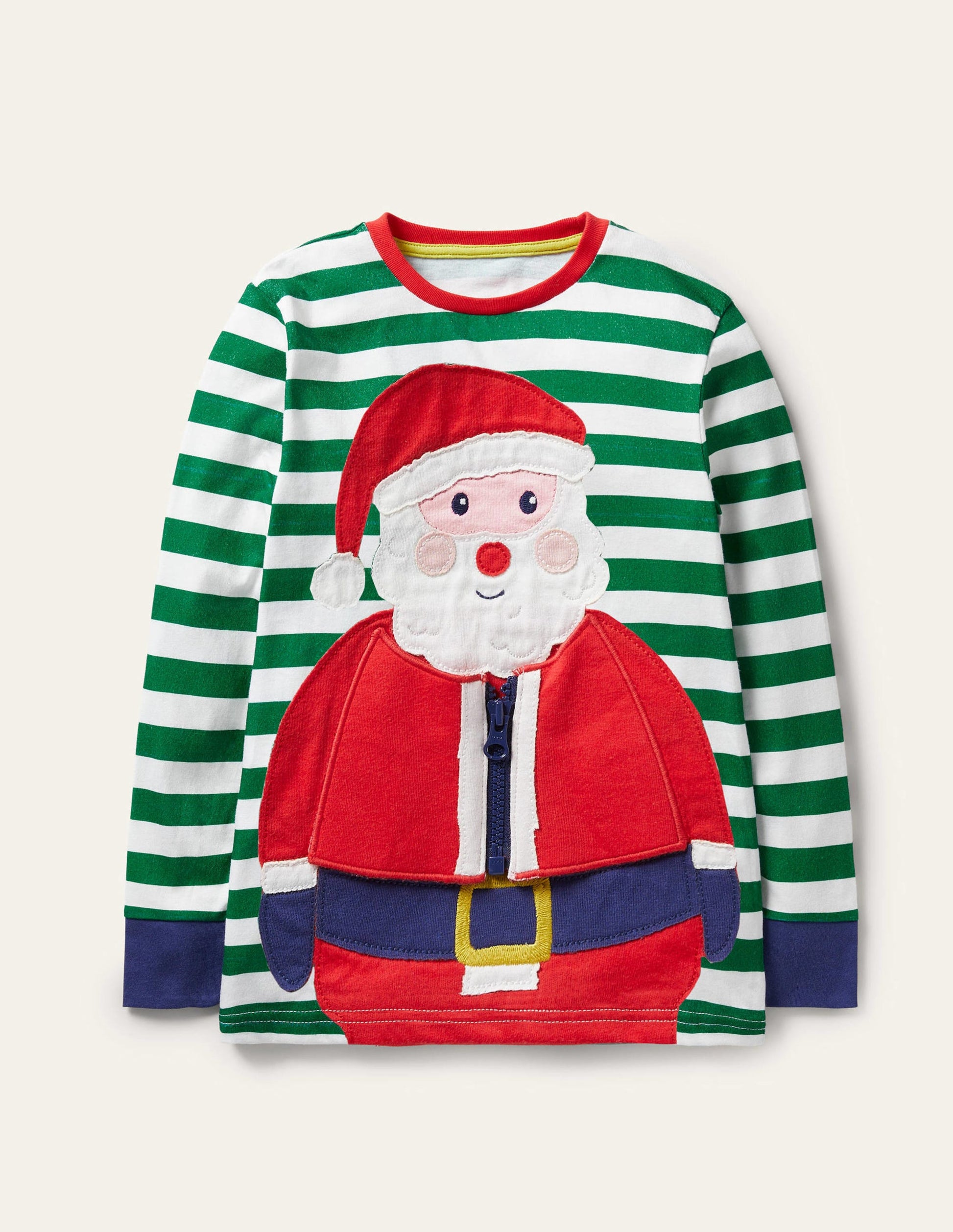 Fun Christmas T-shirt-Ivory/Forest Green Santa Zip-1
