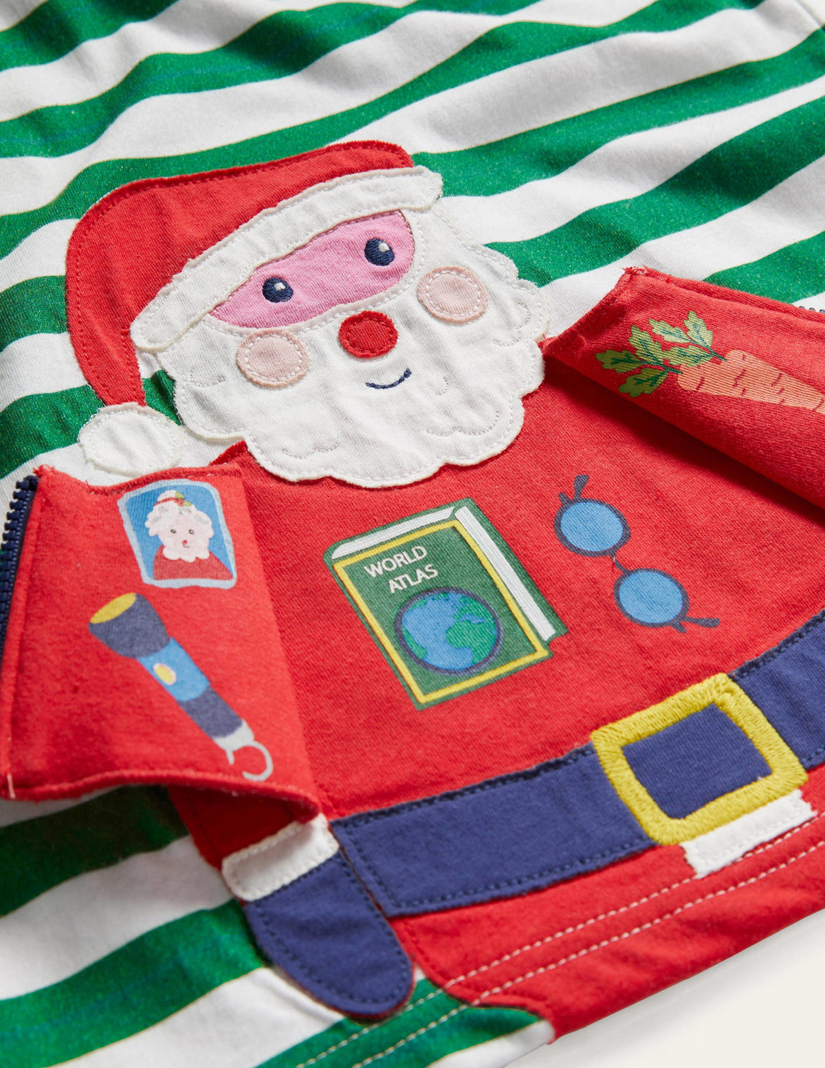 Fun Christmas T-shirt-Ivory/Forest Green Santa Zip-3