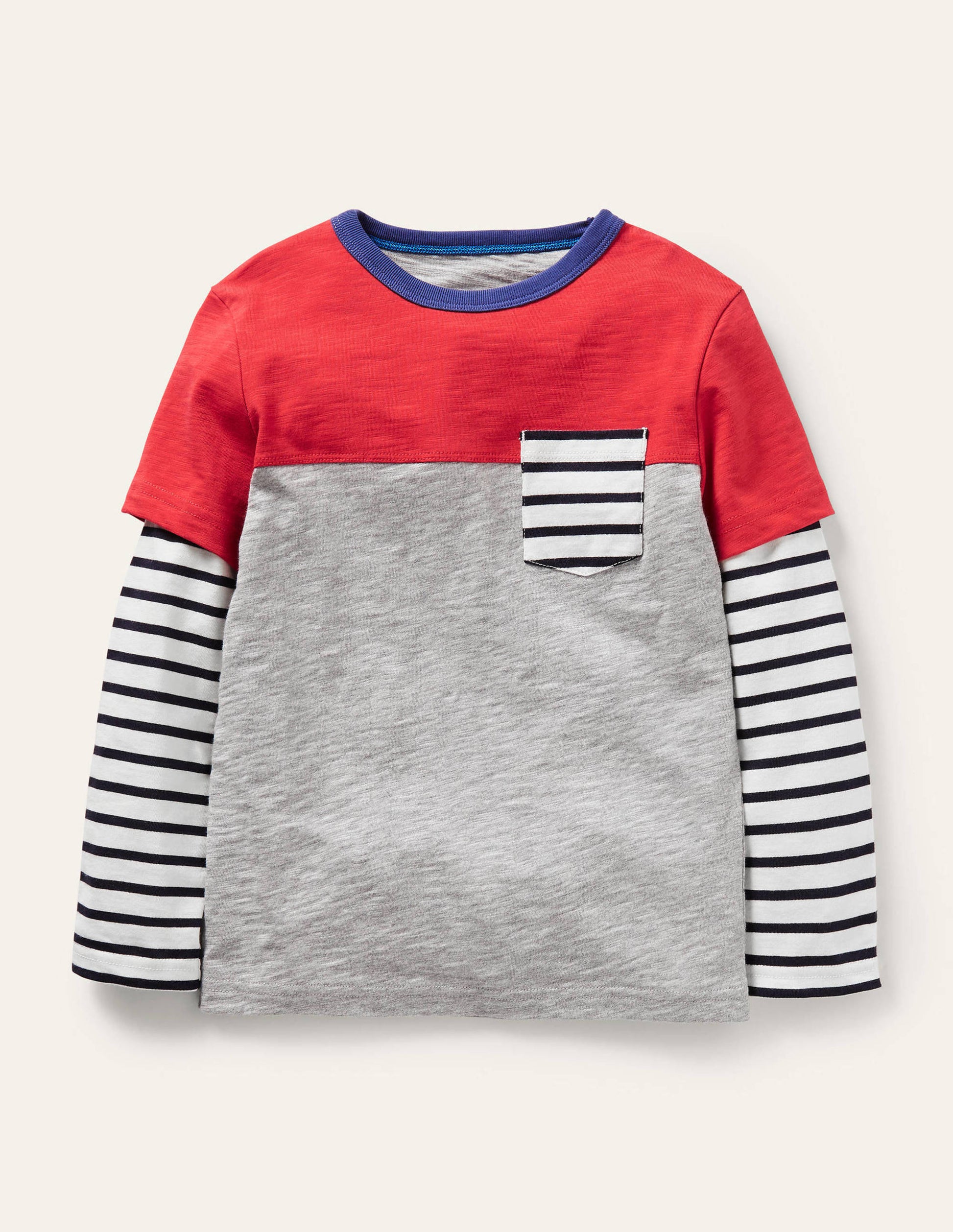 Colourblock Layered T-shirt-Rockabilly Red/Grey-1