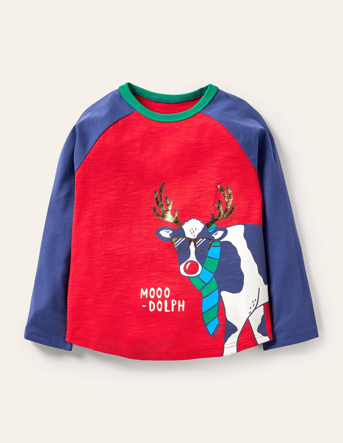 Festive Pun Raglan T-shirt-Rockabilly Red/Navy Moo-Dolph - Image 1