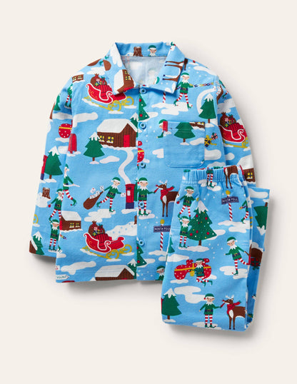 Cosy Brushed Woven Pyjama Set-Surfboard Blue Busy Elves-1
