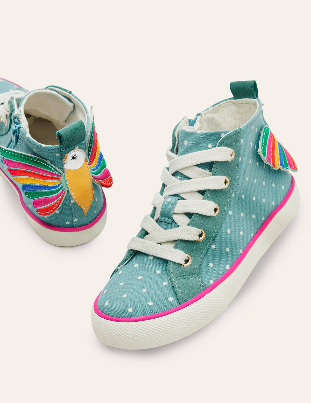 Fun Novelty High Top Trainers-Brooke Blue Rainbow Bird - Image 1