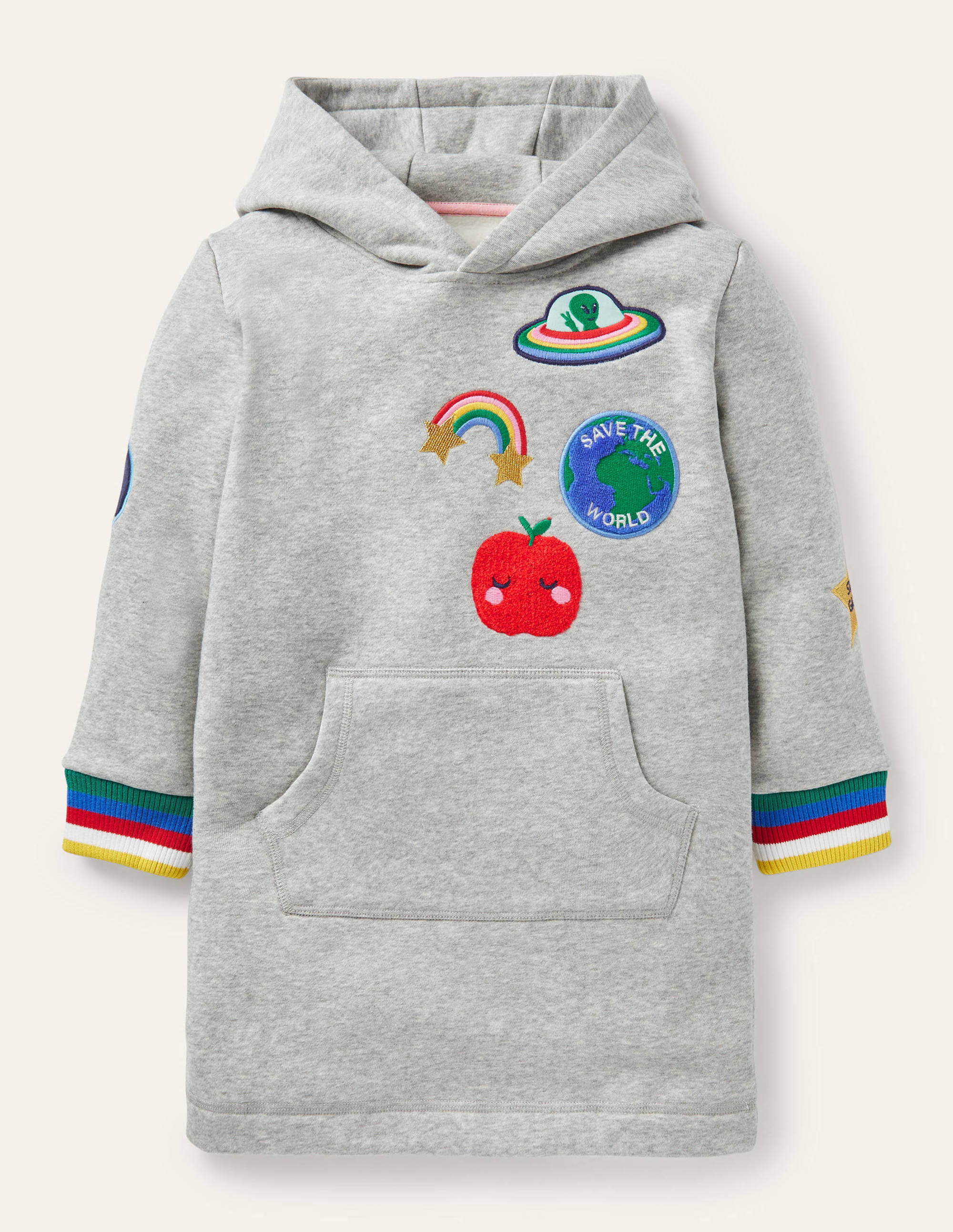Cosy Hooded Sweatshirt Dress-Grey Marl Badges - Image 1