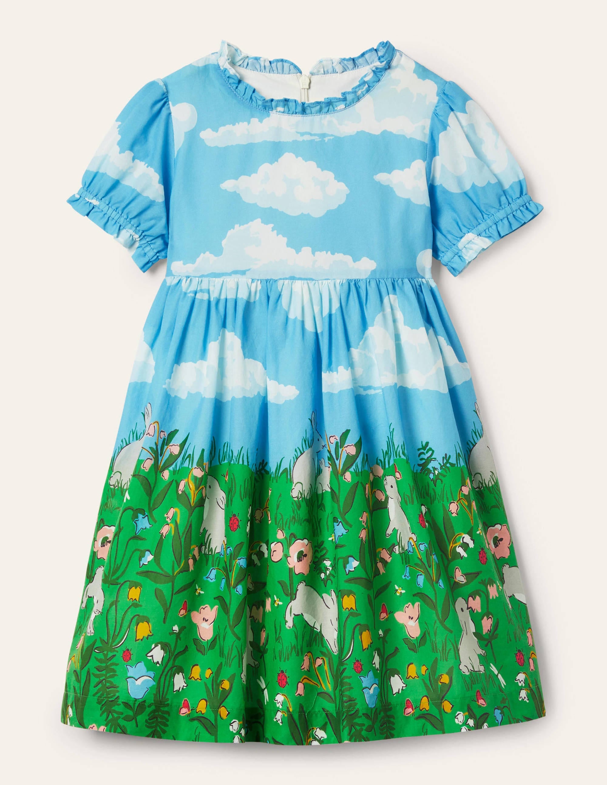 Frill Neck Woven Dress-Multi Bunny Scene - Image 1