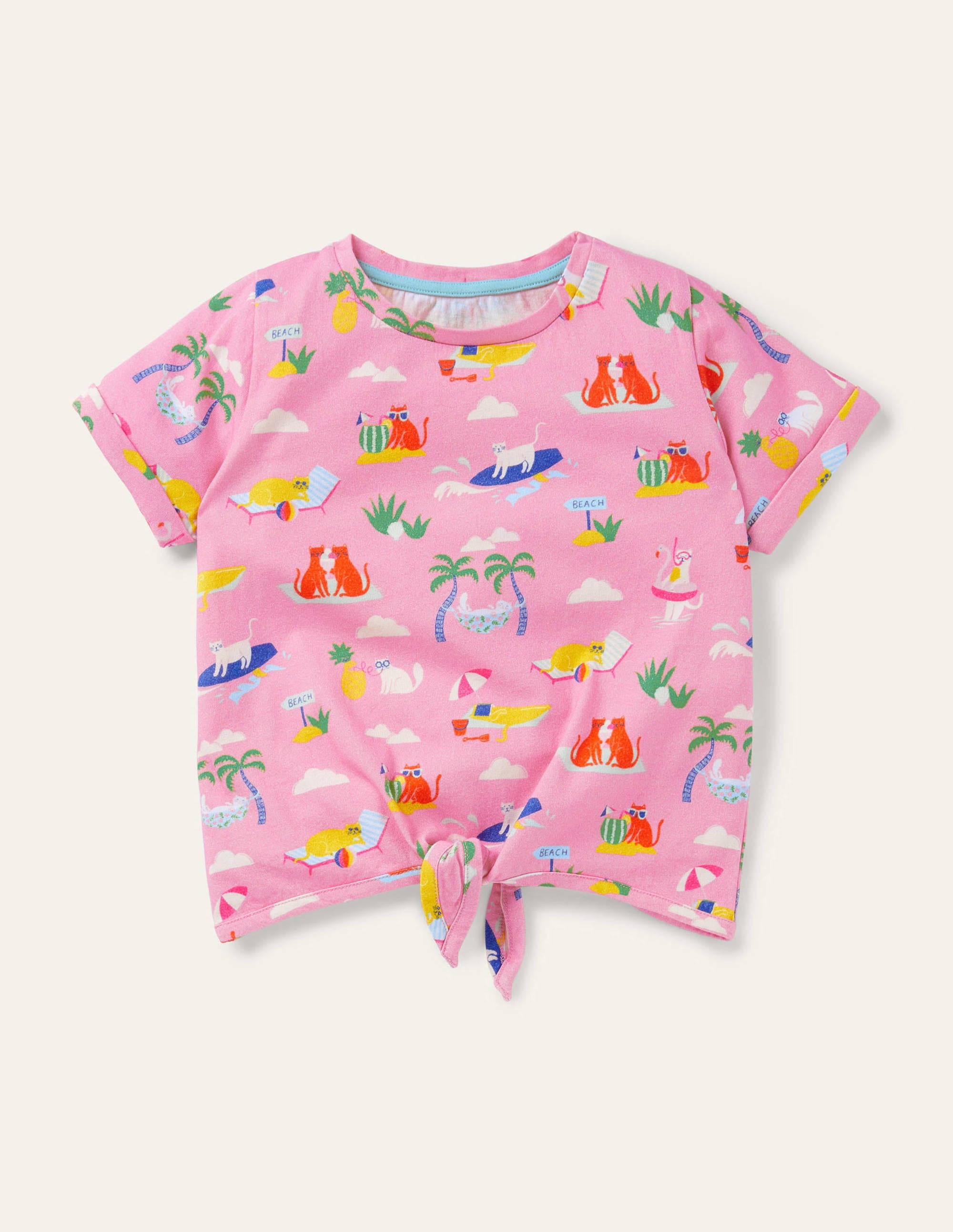 Tie-front T-shirt-Plum Blossom Pink Holiday Cats - Image 1