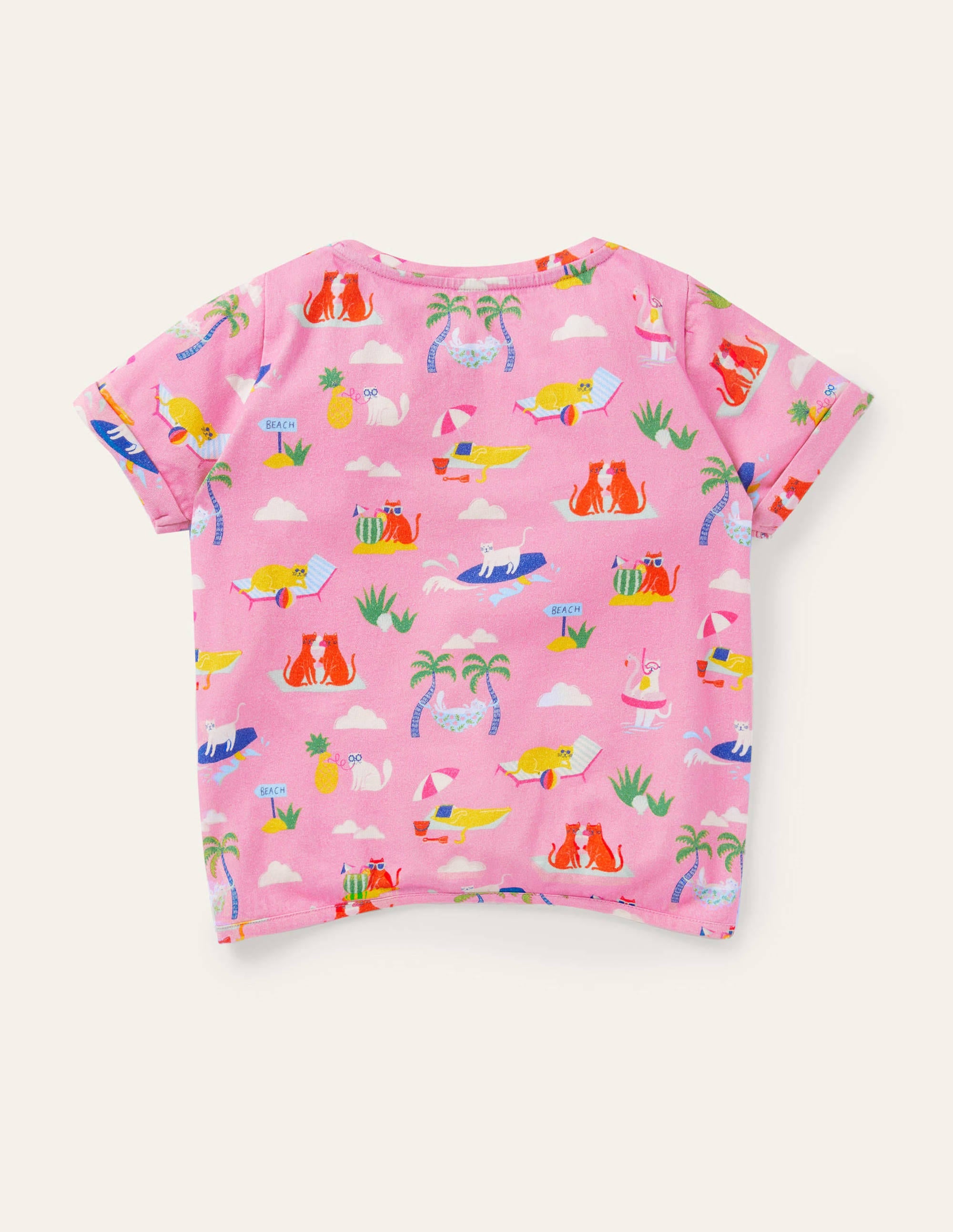 Tie-front T-shirt-Plum Blossom Pink Holiday Cats - Image 2