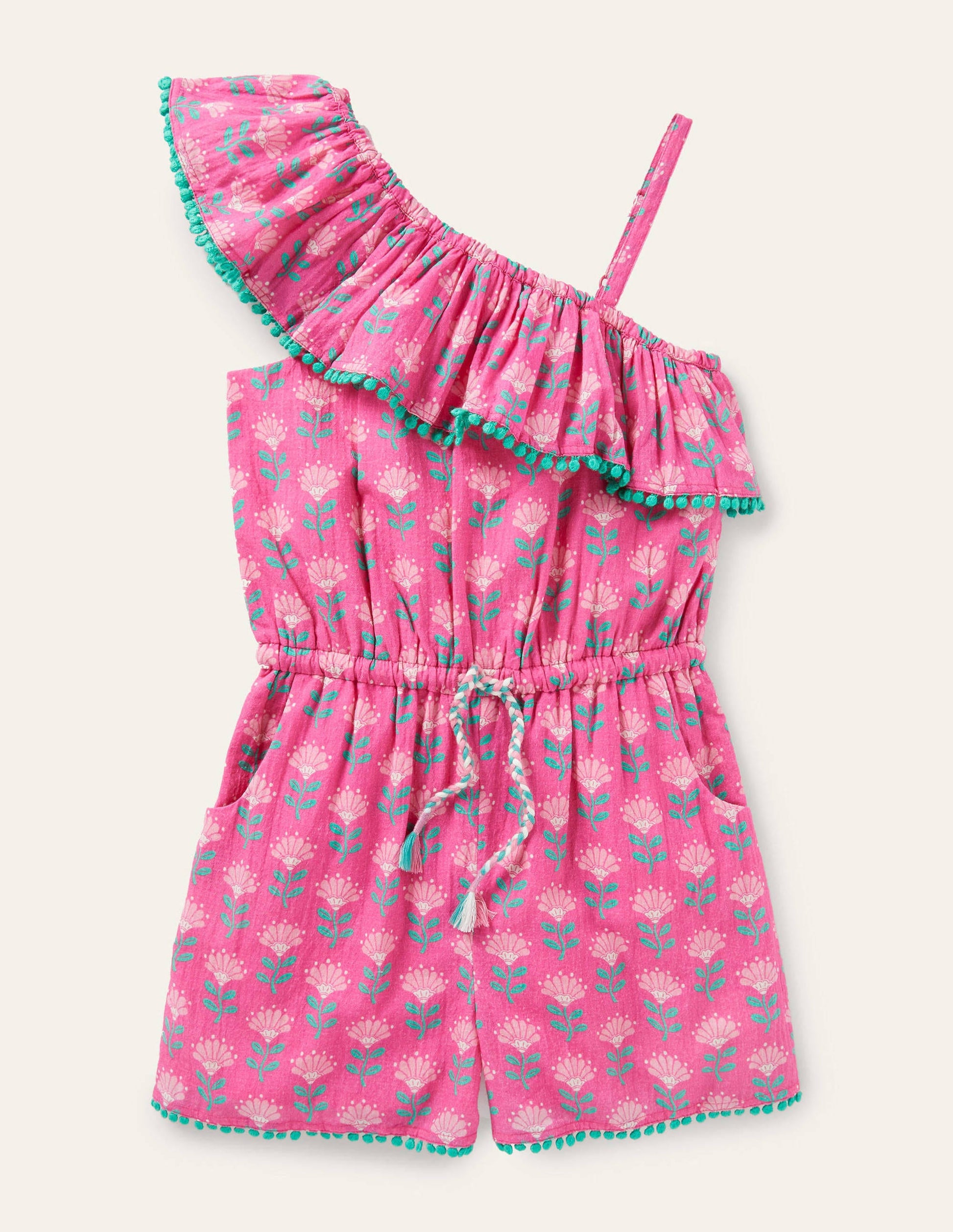 One Shoulder Ric Rac Playsuit-Tickled Pink Woodblock-1