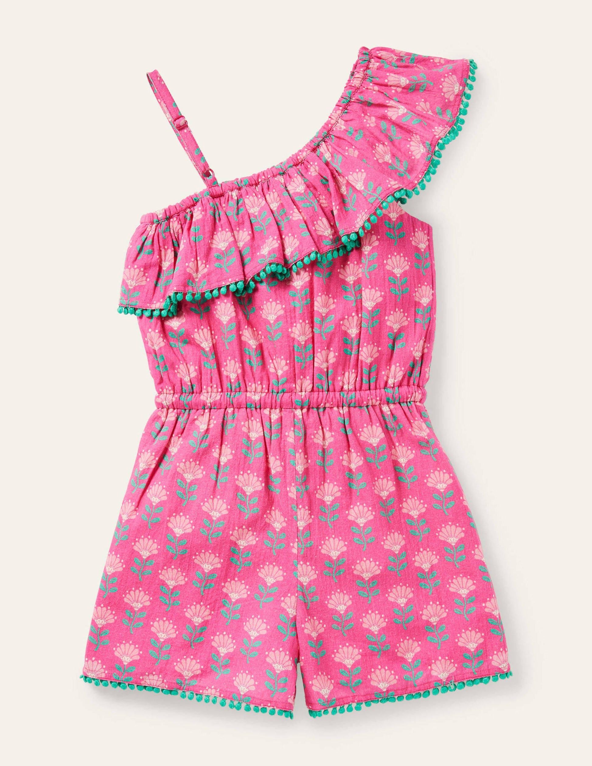 One Shoulder Ric Rac Playsuit-Tickled Pink Woodblock-2