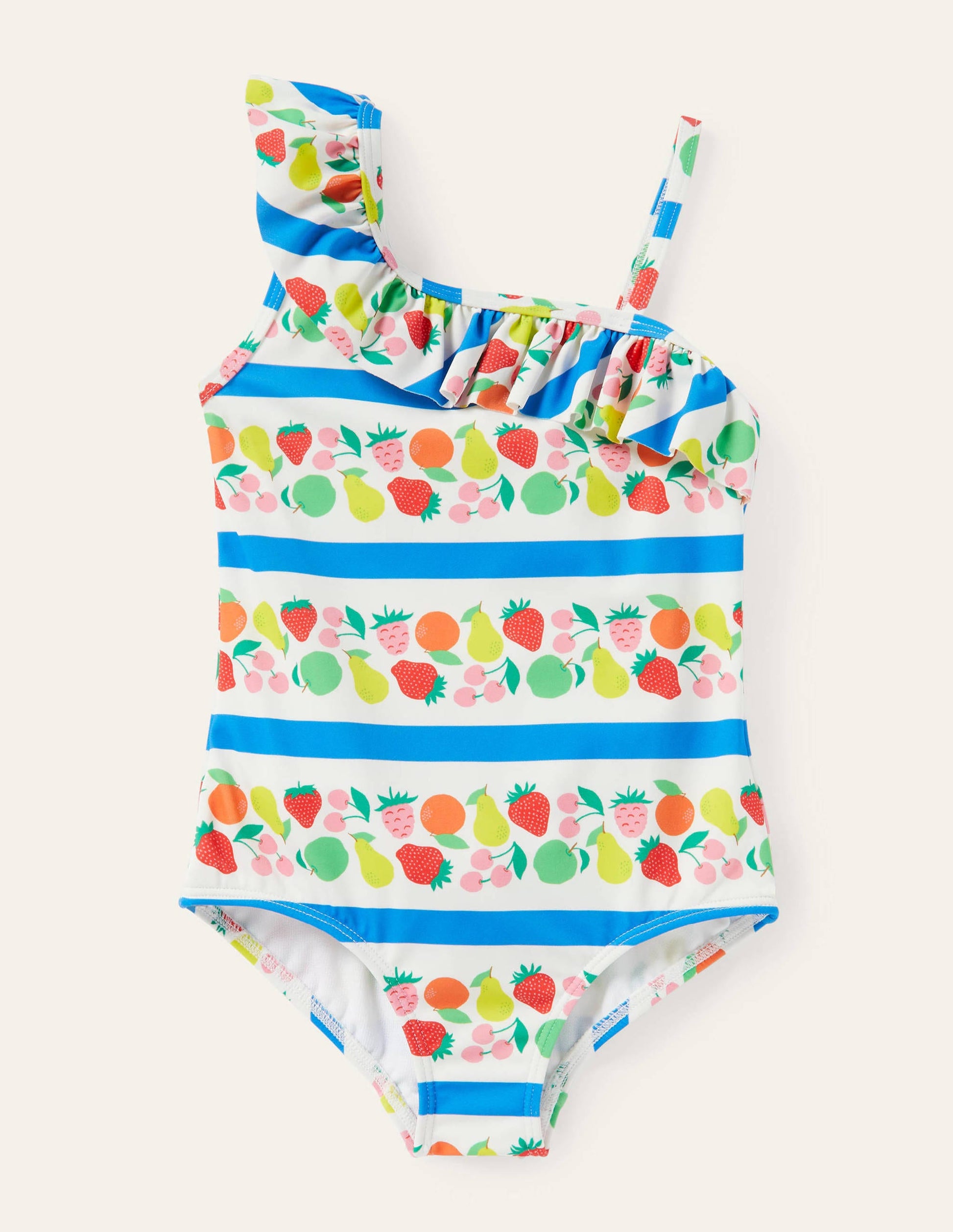 One Shoulder Frill Swimsuit-Multi Fruit Stripe-1