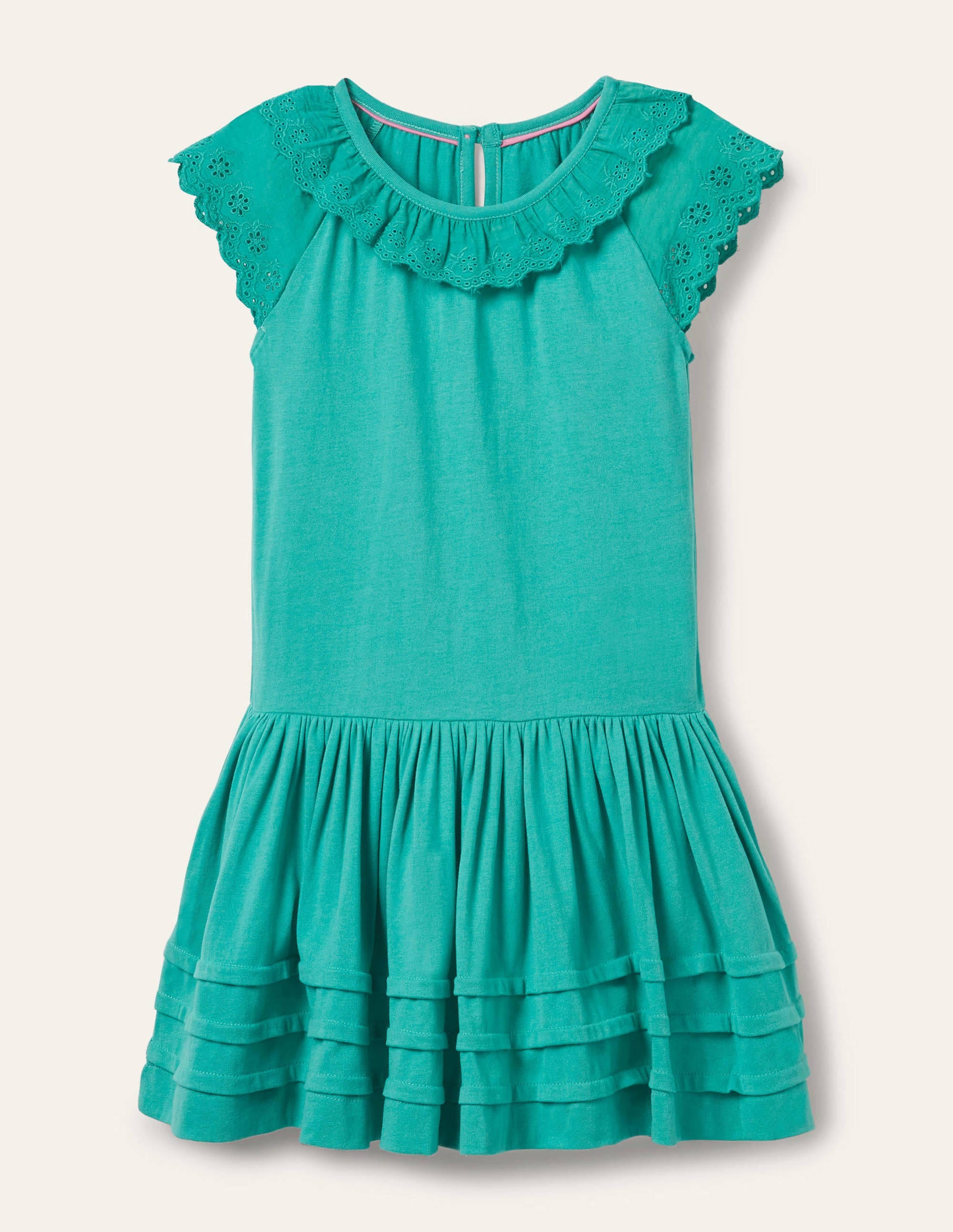 Broderie Detail Jersey Dress-Dark Turquoise Green - Image 1