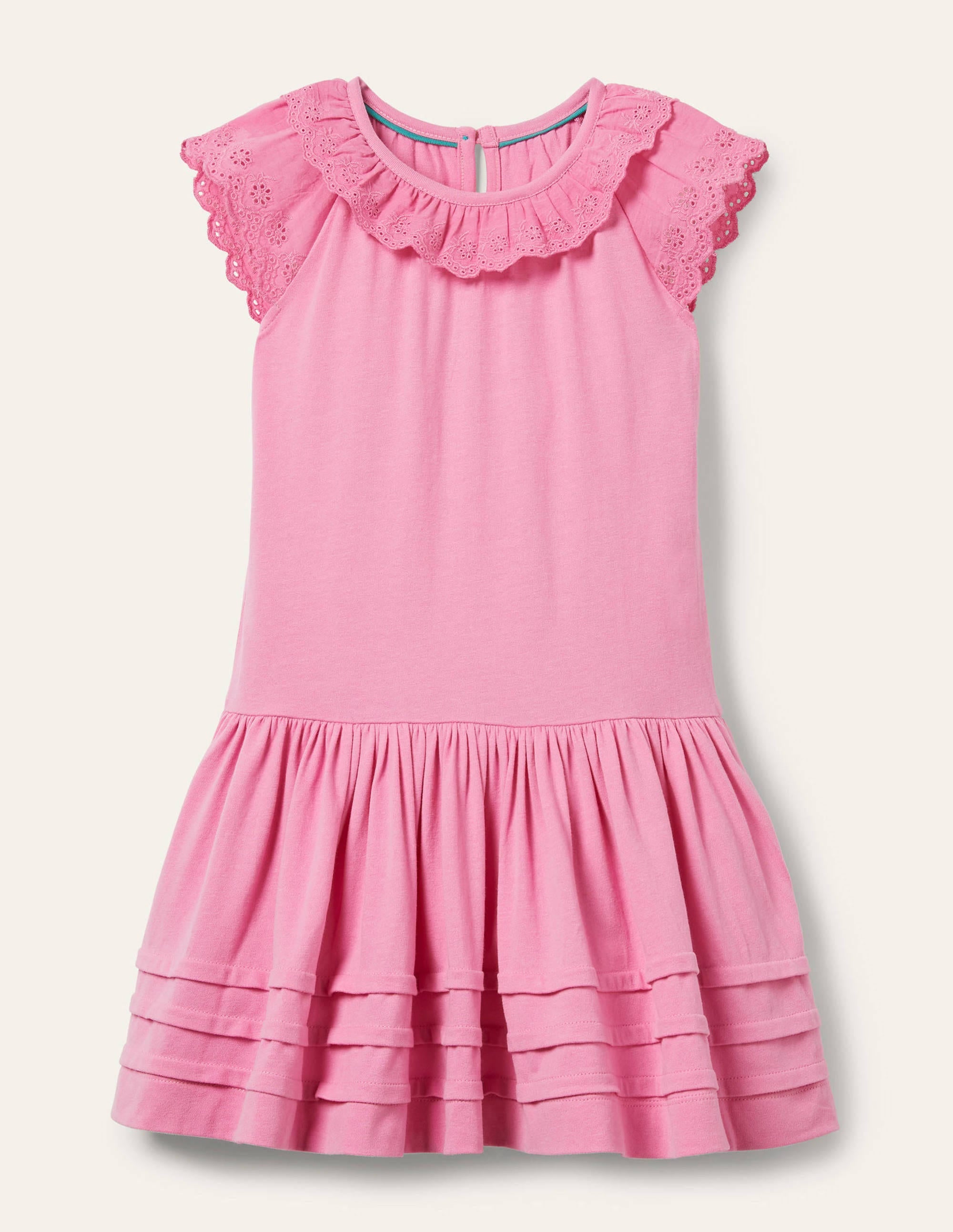 Broderie Detail Jersey Dress-Plum Blossom Pink - Image 1