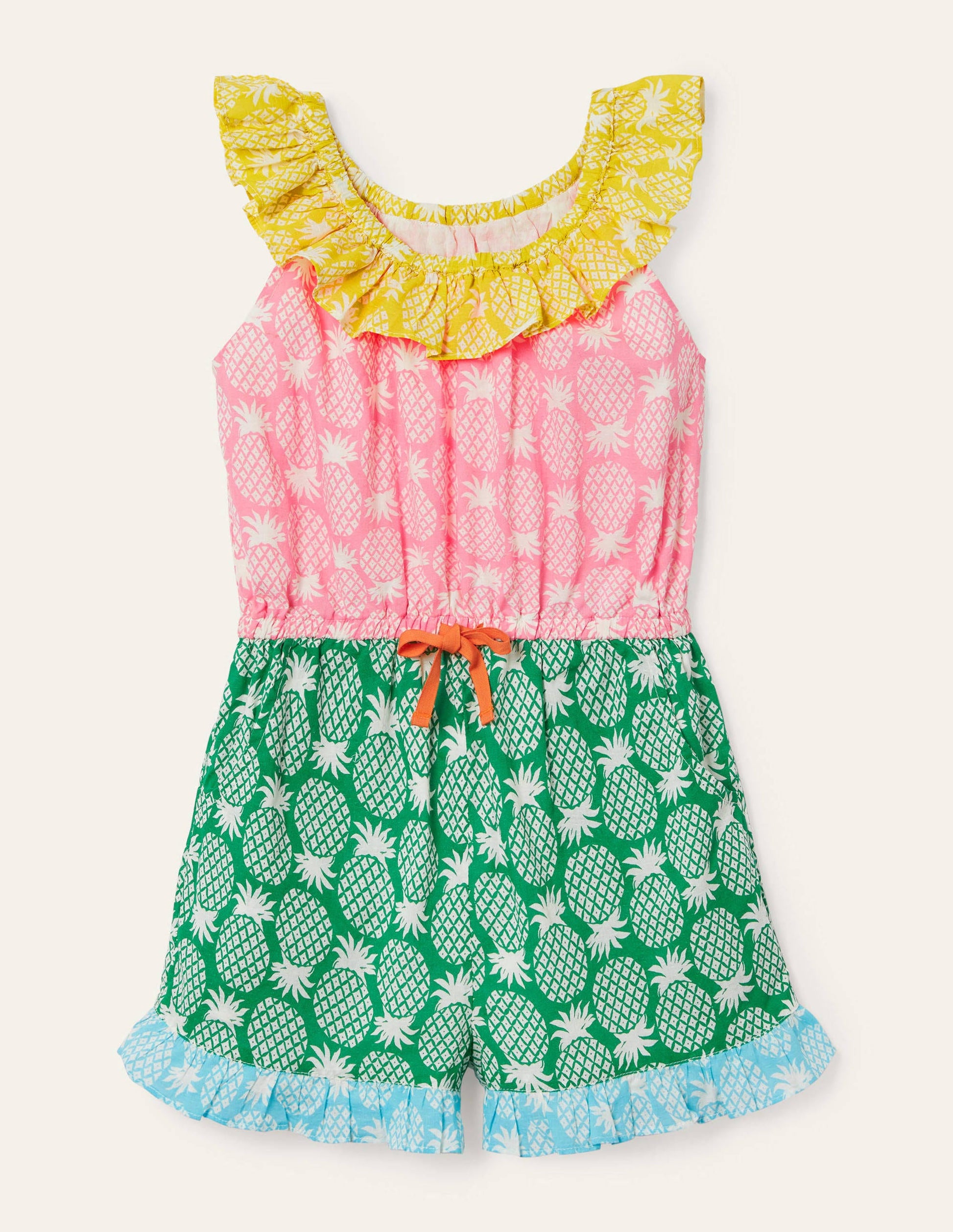 Frill Neck Playsuit-Multi Hotchpotch Pineapple Geo-1